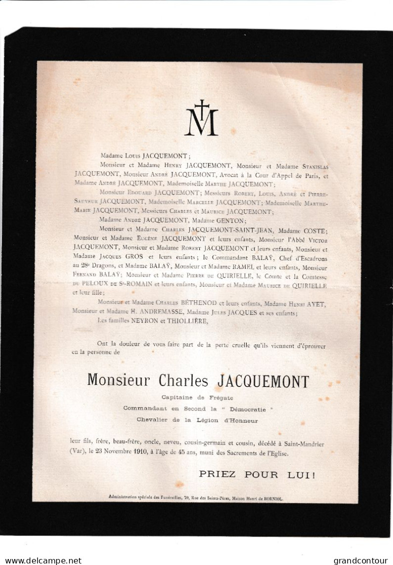 FAIRE PART DE DECES CAPITAINE DE FREGATE DU DEMOCRATIE LEGION D HONNEUR CHARLES JACQUEMONT - Obituary Notices