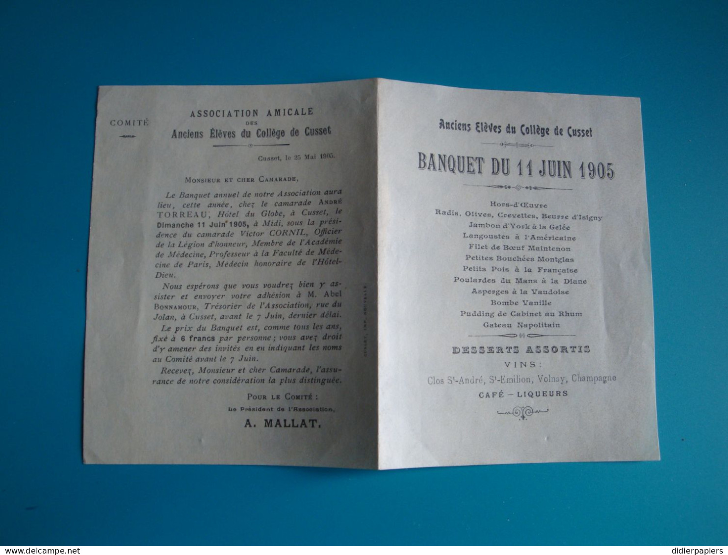 03 Banquet Du 11 Juin 1905 Des Anciens Elèves Du Collège De Cusset - Menus