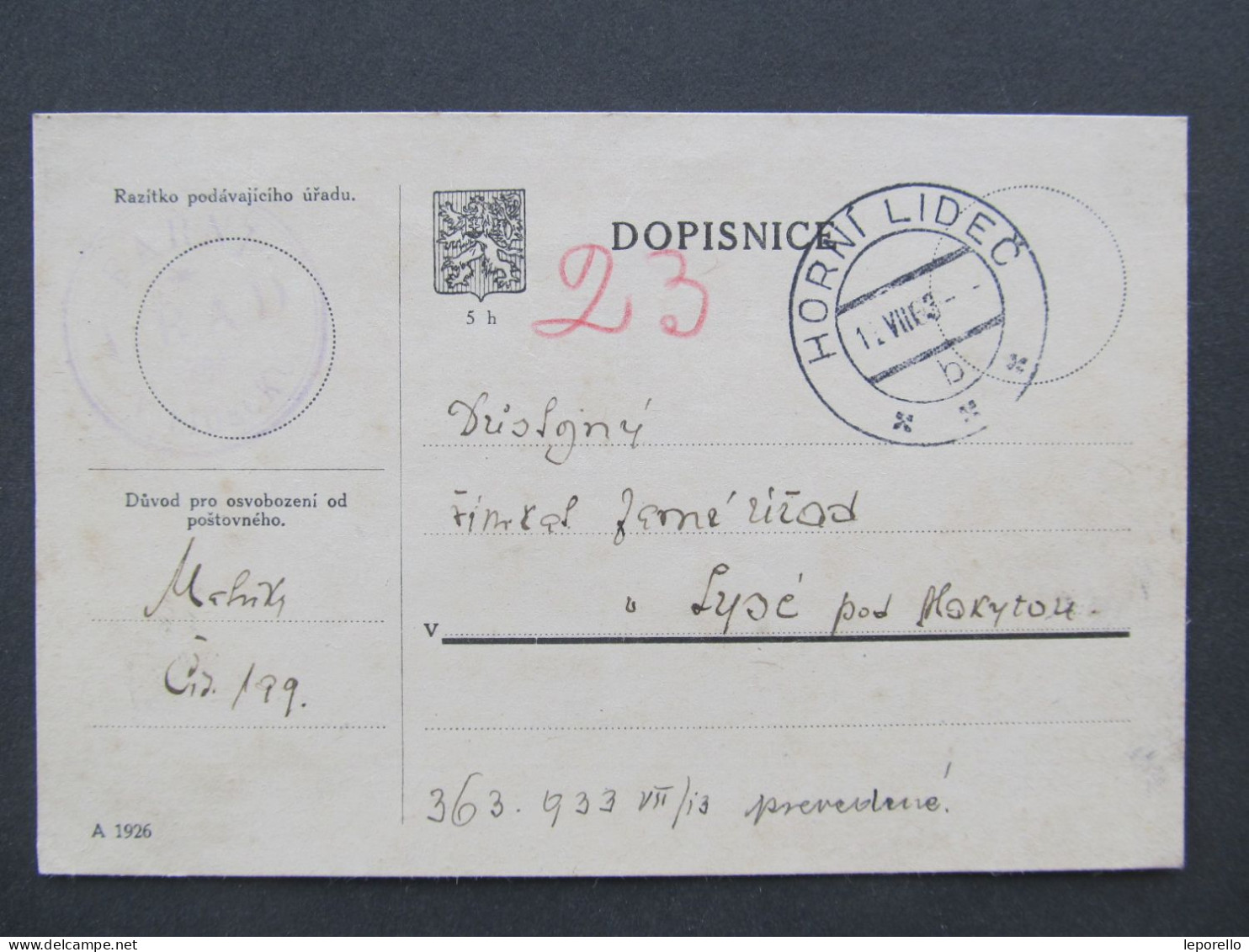 KARTE Horní Lideč - Lysá Pod Makytou 1933 Slovensko Matriční Portofrei  /// P9486 - Lettres & Documents