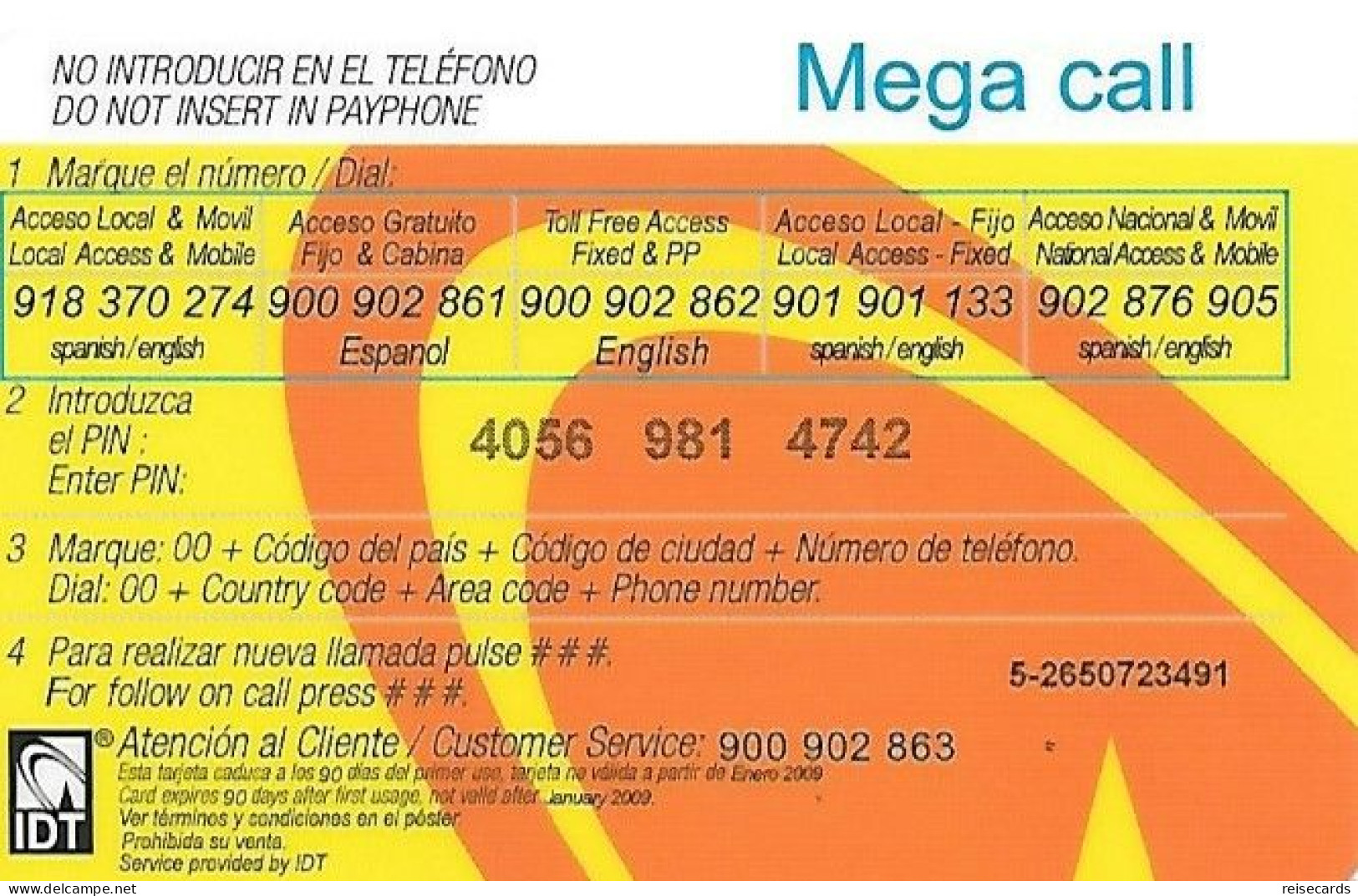 Spain: Prepaid IDT - Mega Call 01.09 - Sonstige & Ohne Zuordnung