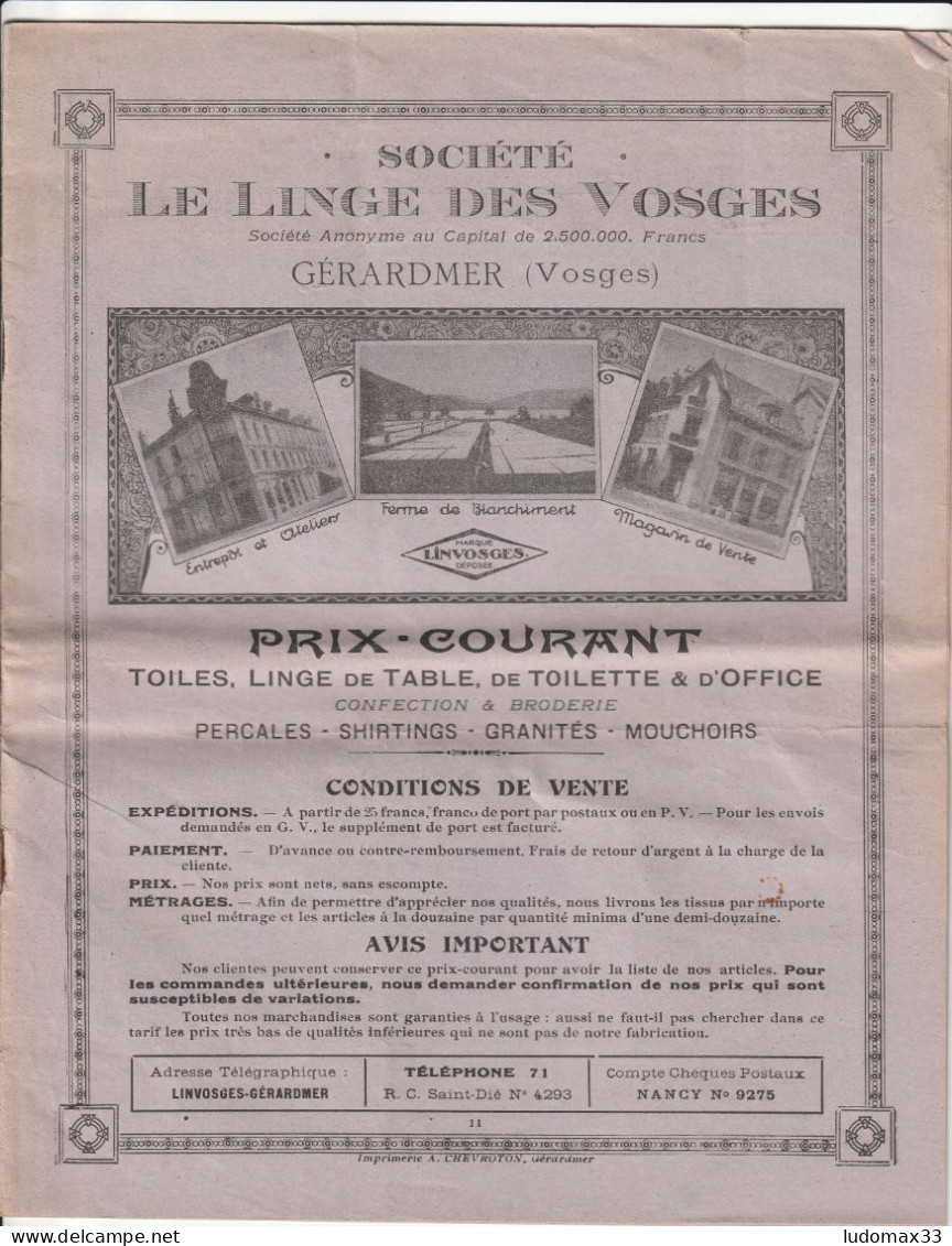 SOCIETE LE LINGE DES VOSGES GERARDMER ( Vosges ) Catalogue - Publicités