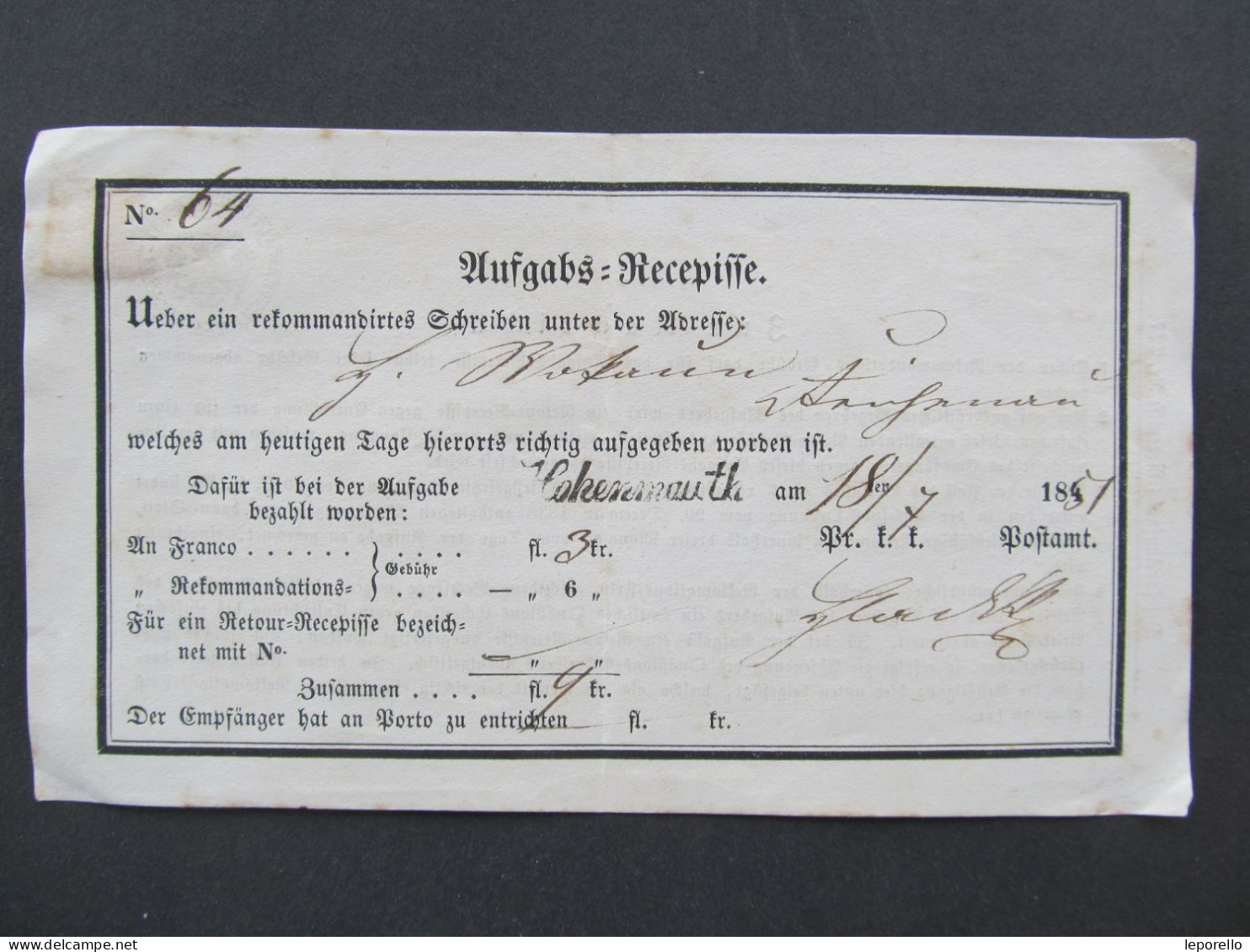 REZEPISS  Hohenmauth Vysoké Mýto Recepis 1857 /// P9474 - ...-1850 Préphilatélie