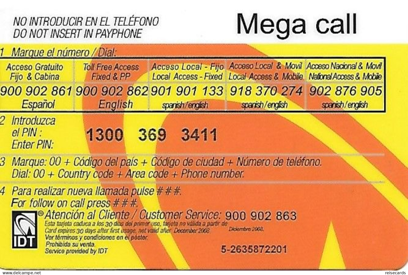 Spain: Prepaid IDT - Mega Call 12.08 - Sonstige & Ohne Zuordnung