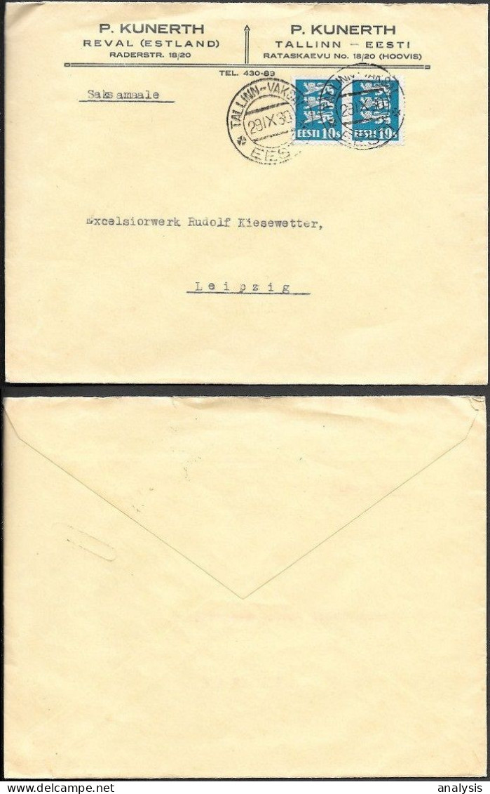 Estonia Tallinn-Vaksal Cover Mailed To Germany 1930. 2x 10s Leopards Stamps - Estonia