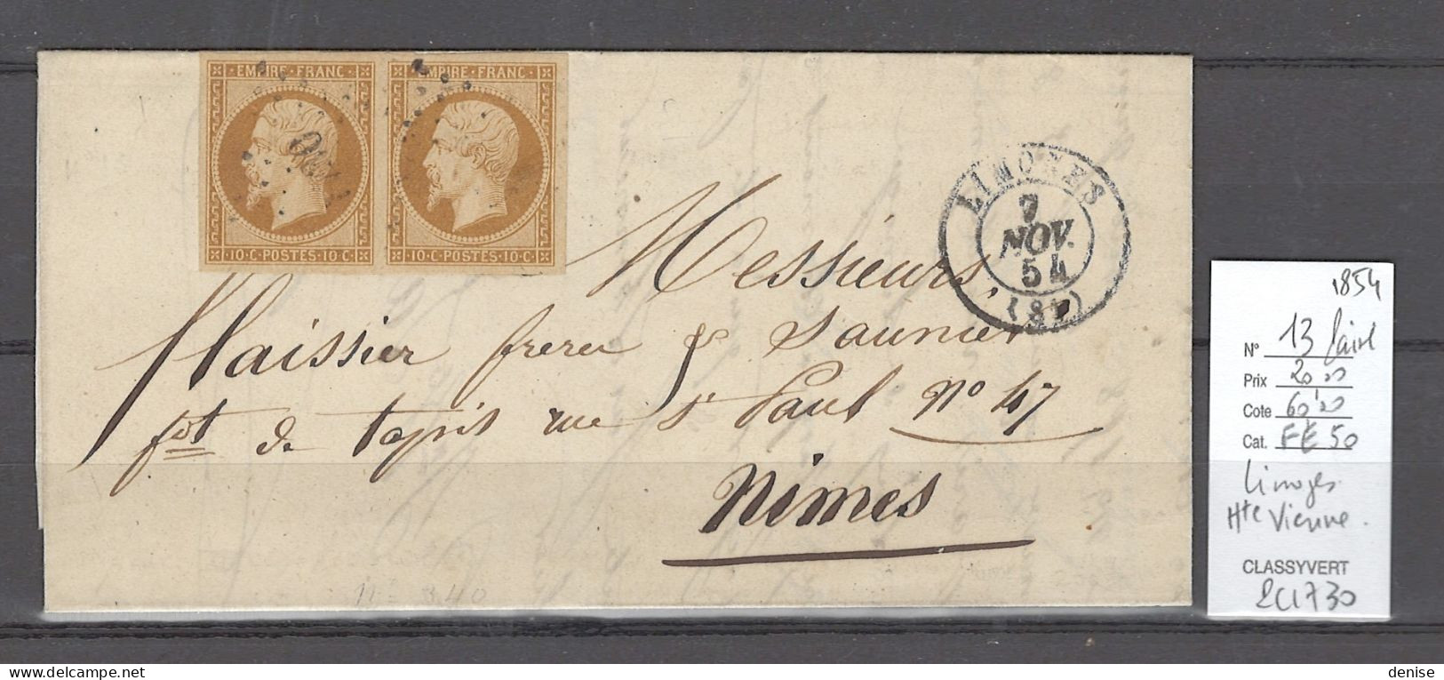 France - Lettre Limoges - Haute Vienne - Yvert 13 En Paire - 1854 - Railway Post