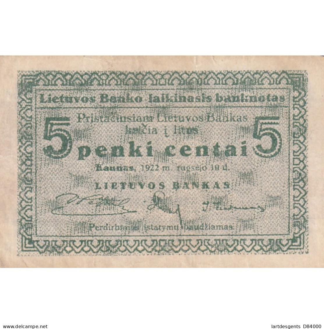 BILLET LITHUANIE 5 CENTAI 1922 SERIJA F PICK 2a GRADE VF - Lithuania