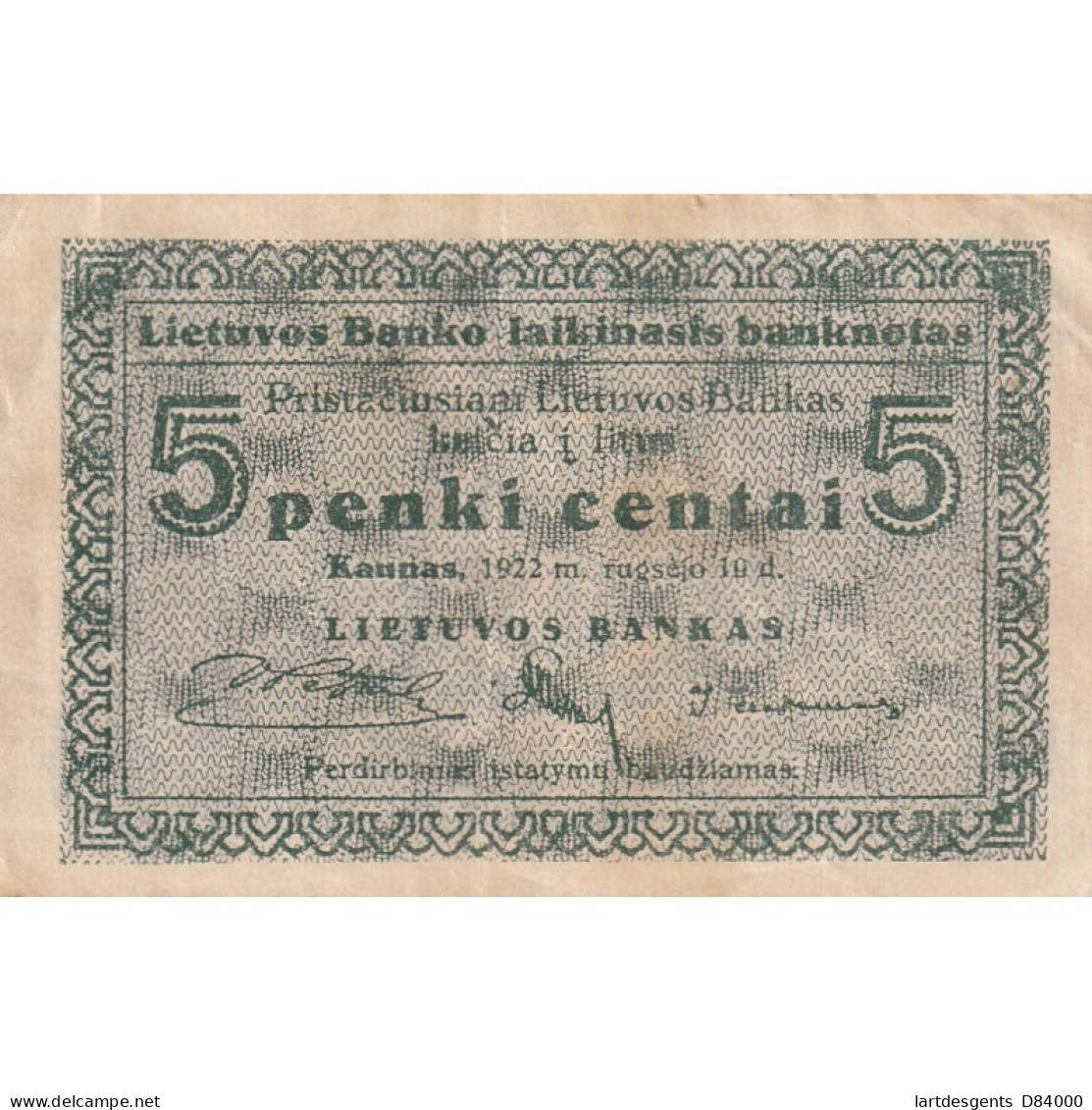 BILLET LITHUANIE 5 CENTAI 1922,  PICK 2a GRADE XF - Litouwen