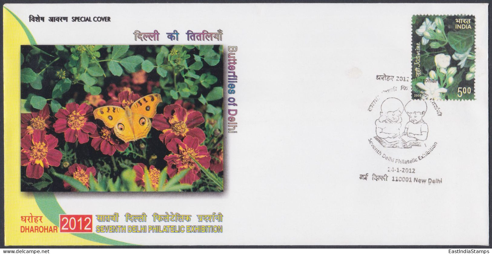 Inde India 2012 Special Cover Butterflies Of Delhi, Butterfly, Flower, Flowers, Pictorial Postmark - Lettres & Documents