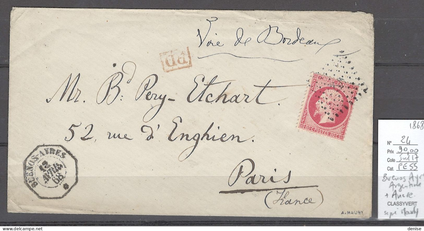 France - Lettre Buenos Ayres - Argentine - 1868 - Yvert 24 + Ancre - Poste Maritime