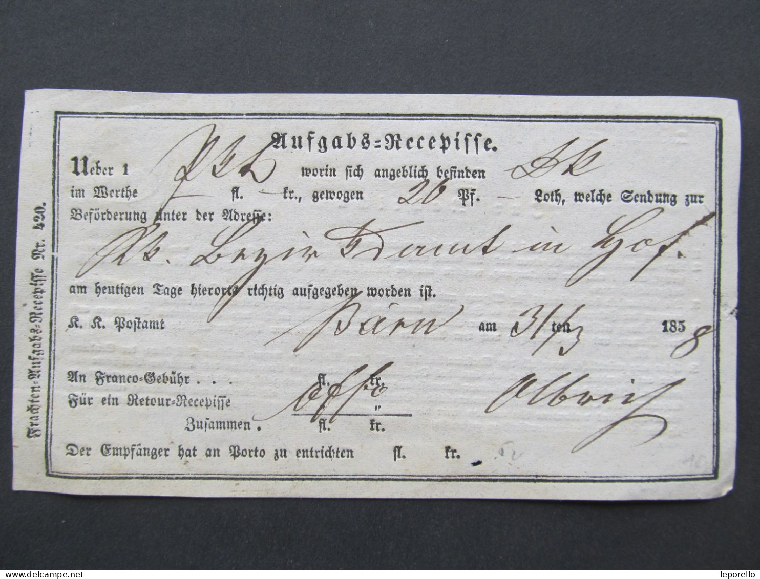 REZEPISS Bärn Moravský Beroun - Hof Dvorce Bruntál 1858  /// P9458 - ...-1850 Préphilatélie