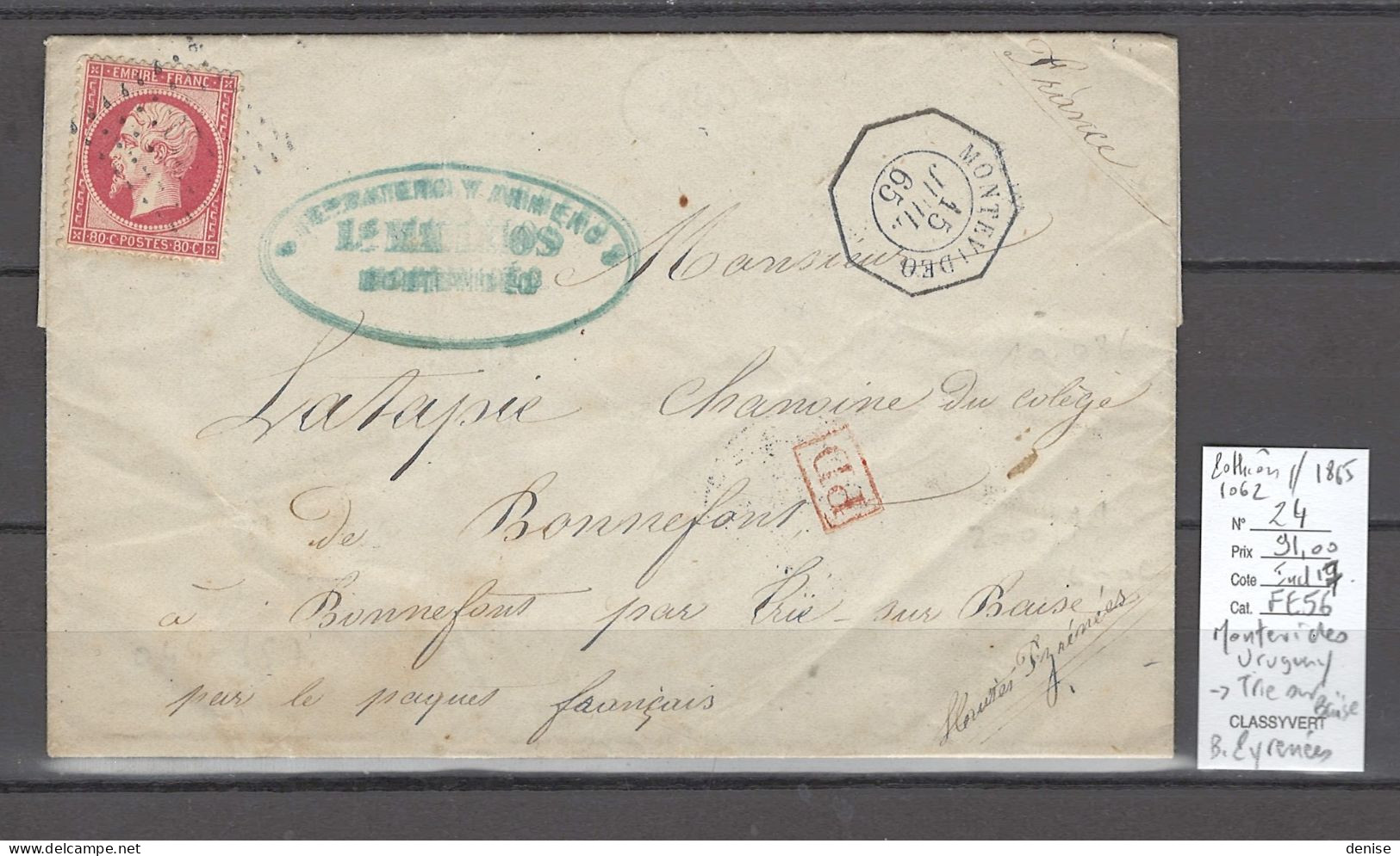 France - Lettre MONTEVIDEO - URUGUAY - 1865 - Yvert 24 + Ancre - Correo Marítimo