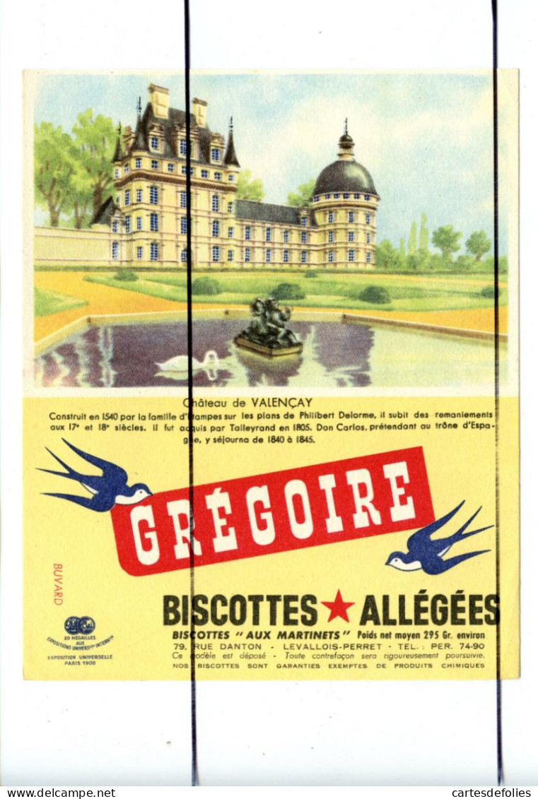 Ancien BUVARD Vintage.  Publicité . Grégoire Biscottes Allégées. Château De VALENCAY - Andere & Zonder Classificatie