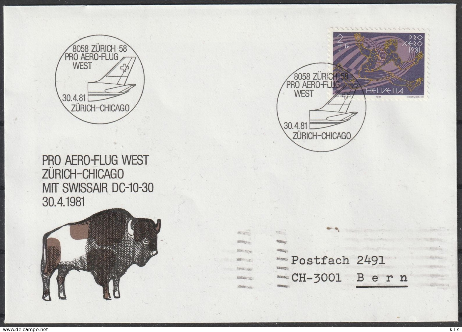 Schweiz: 1981, Fernbrief In EF, Mi. Nr. 1196, SoStpl. Zu Den Erinnerungsflug Am 30.04.1981, ZÜRICH-CHICACO - Premiers Vols