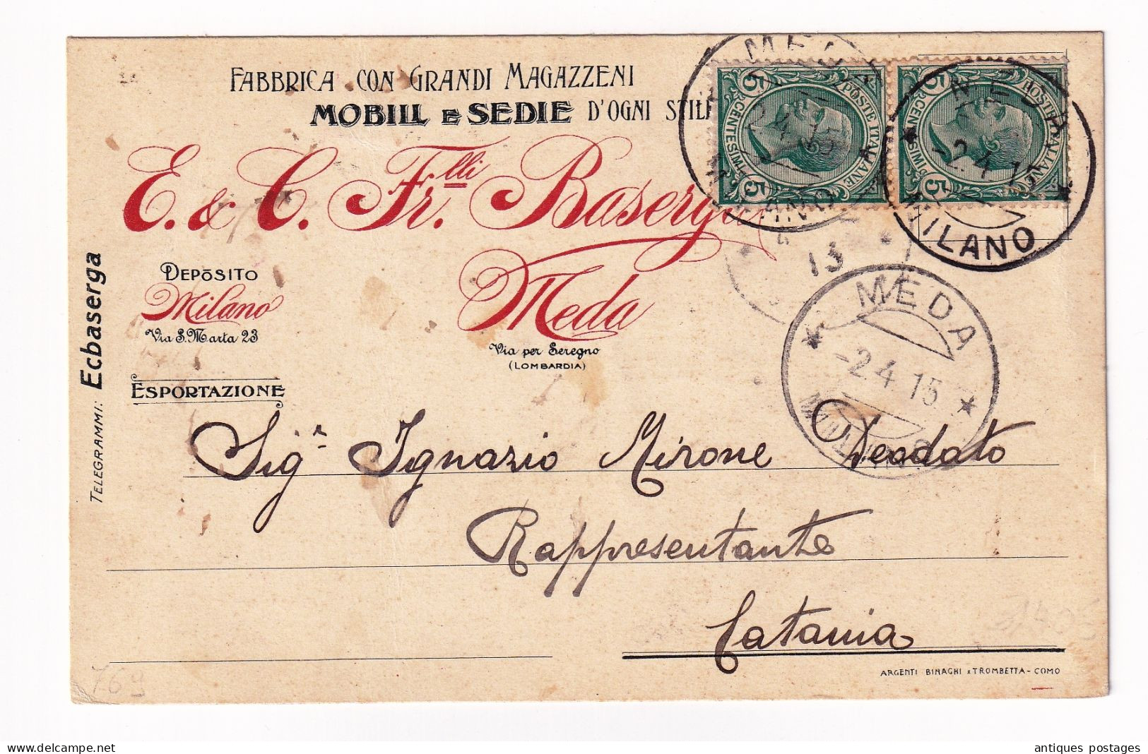 Meda 1915 Fratelli Baserga Fabrica Mobili E Sedie Italia Catania Vittorio Emanuele III - Used