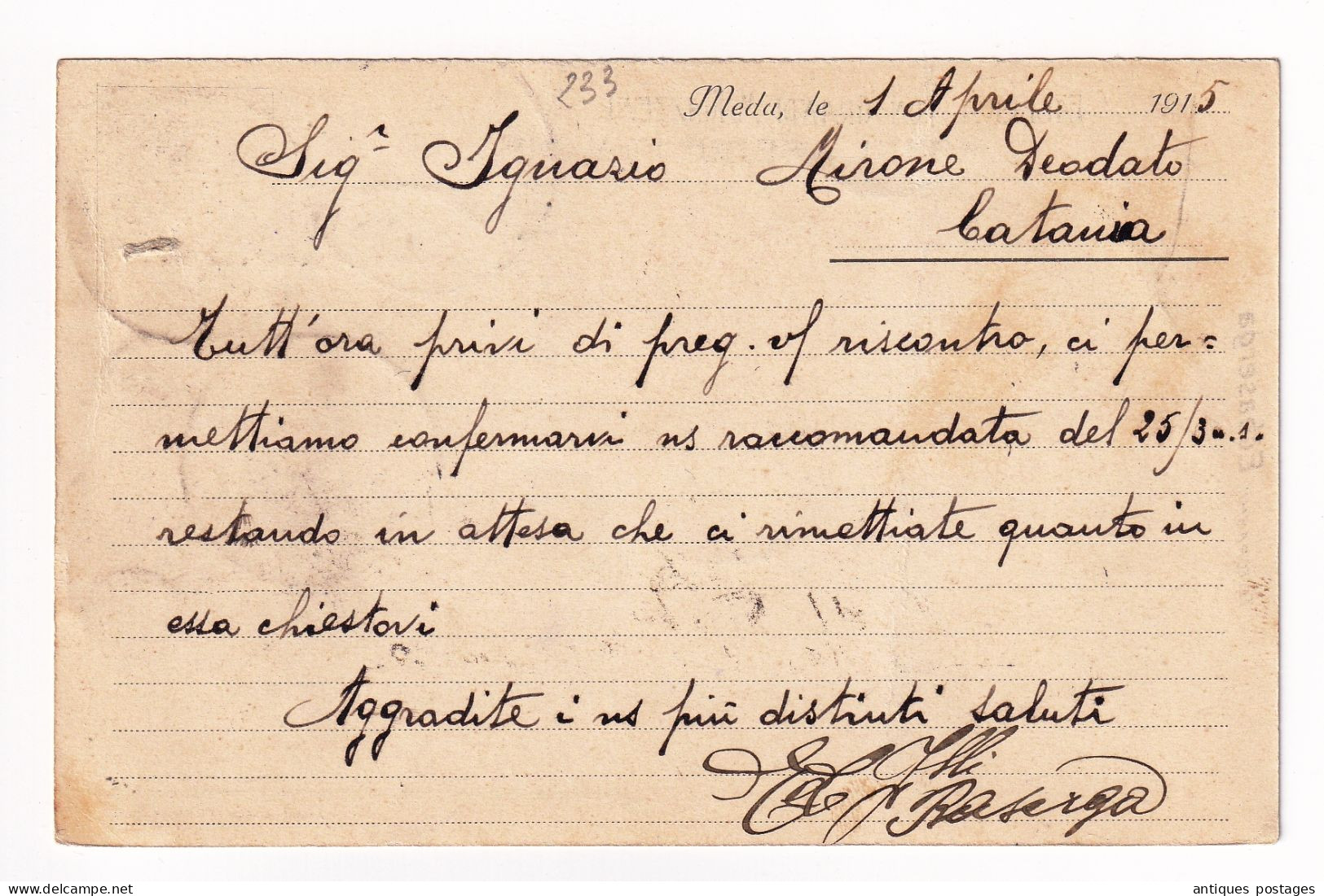 Meda 1915 Fratelli Baserga Fabrica Mobili E Sedie Italia Catania Vittorio Emanuele III - Usados