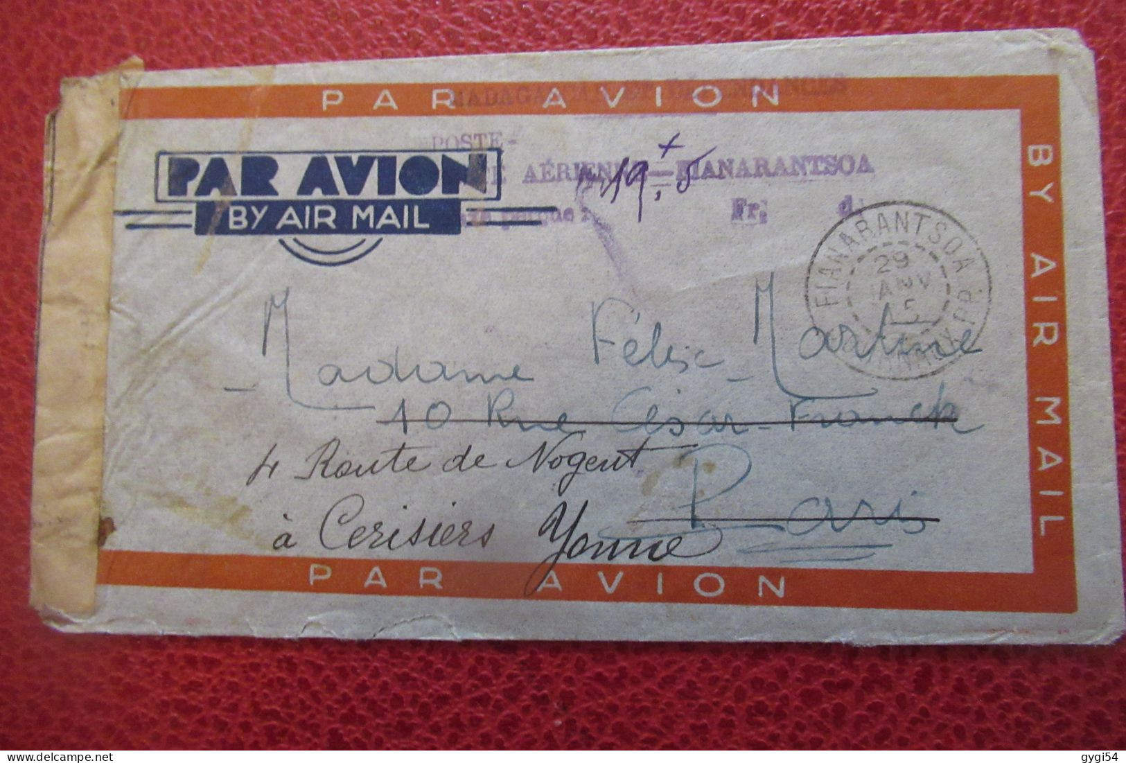 MADAGASCAR Lettre Par Avion Censurée Du 29 01 1945 De FIANARANTSOA Pour CERISIERS  (89 ) - ...-1929