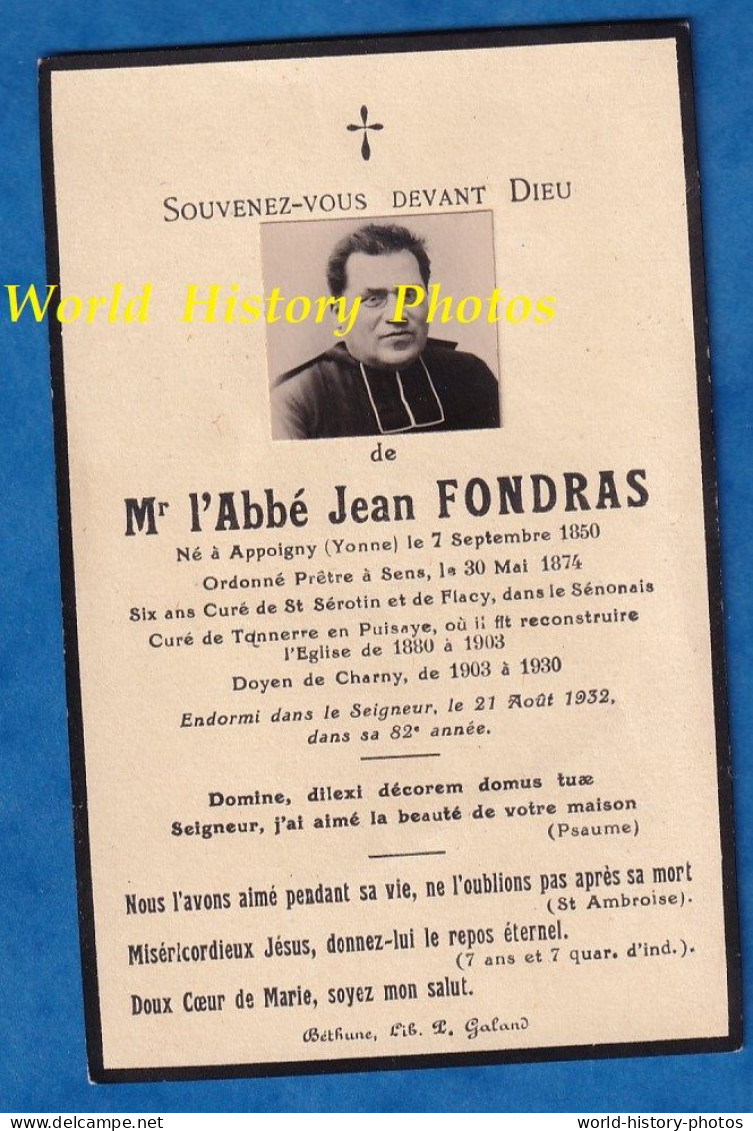 Faire Part De Décés - Abbé Jean FONDRAS Né à Appoigny En 1850 - Prêtre à Sens , Curé Saint Sérotin Flacy Tonnerre Charny - Décès