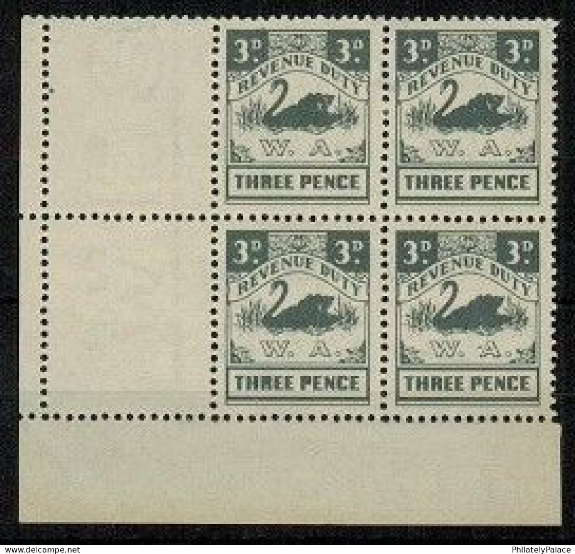 WESTERN AUSTRALIA - 1955 3d Gray 'Western Australia' REVENUE DUTY, SWAN,Bird, Block, MNH (**) RARE - Mint Stamps
