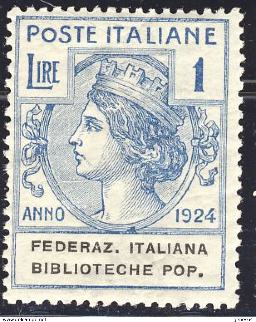 1924 - Enti Parastatali - Federaz. Italiana Biblioteche Pop. - 1 Lira Azzurro Nuovo MNH (Sassone N.37) 2 Immagini - Franchise