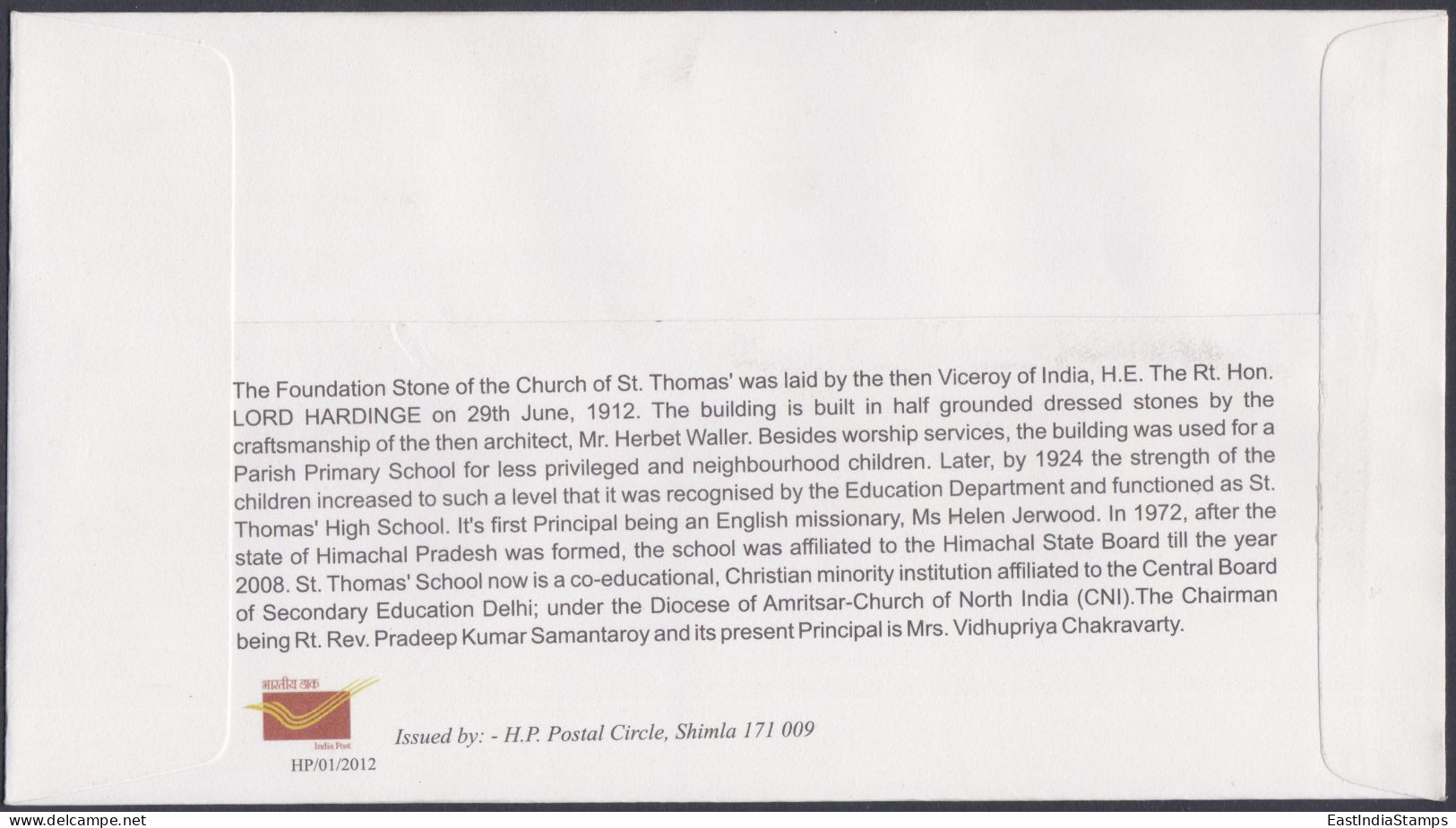 Inde India 2012 Special Cover St. Thomas' School, Shimla, Education, Pictorial Postmark - Covers & Documents