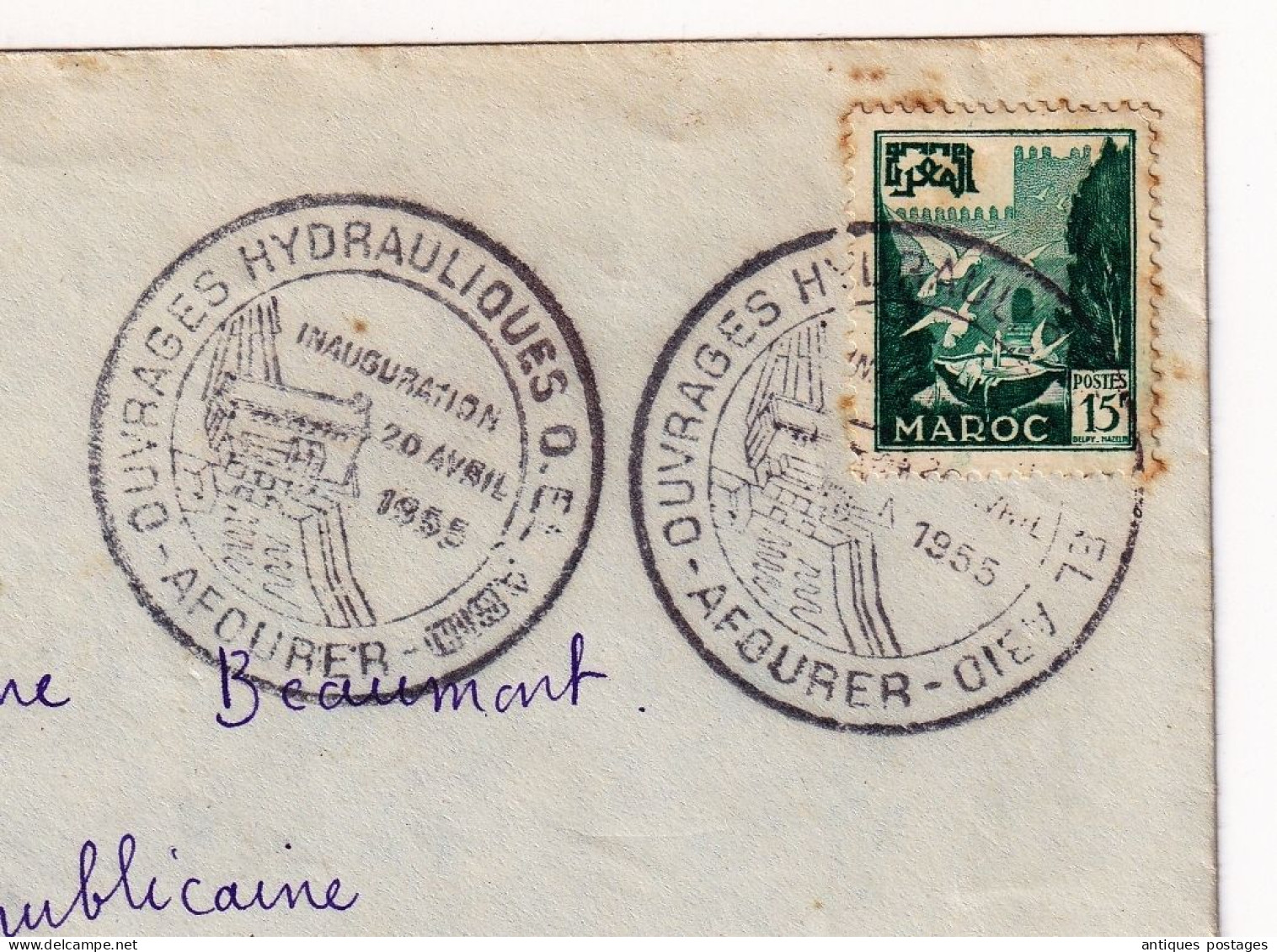 Lettre Maroc 1955 Ouvrages Hydrauliques Afourer Cachet Garde Républicaine Fès - Lettres & Documents