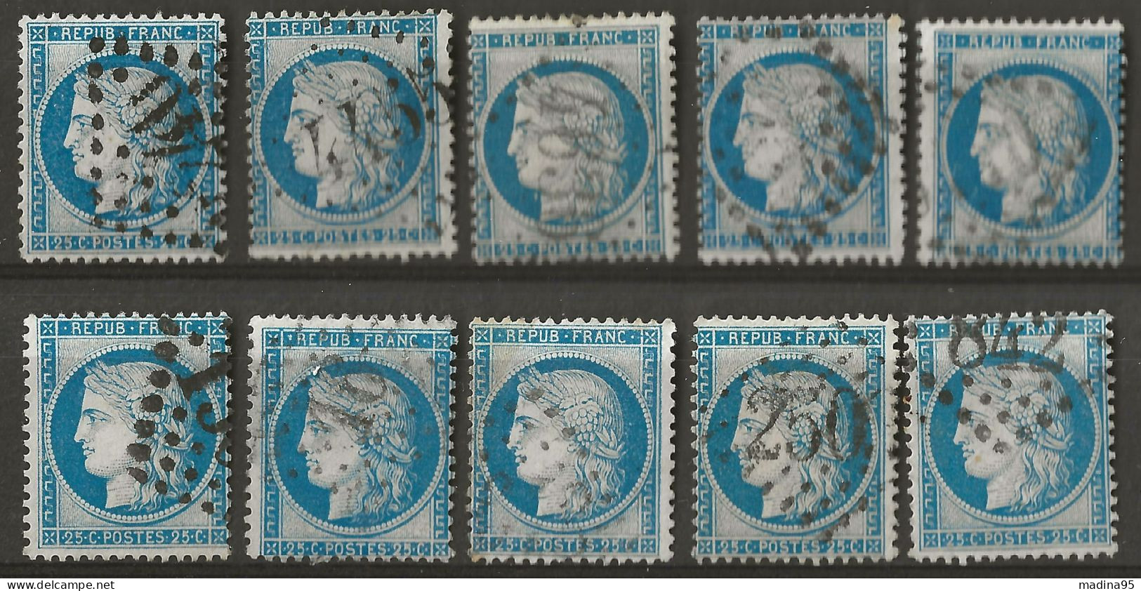 FRANCE: Obl., N°60B X 10, Ens. De 10 Tp, Très Peu De Petits Déf.,, Nuancves, Obl. Diverses, B/TB - 1871-1875 Cérès