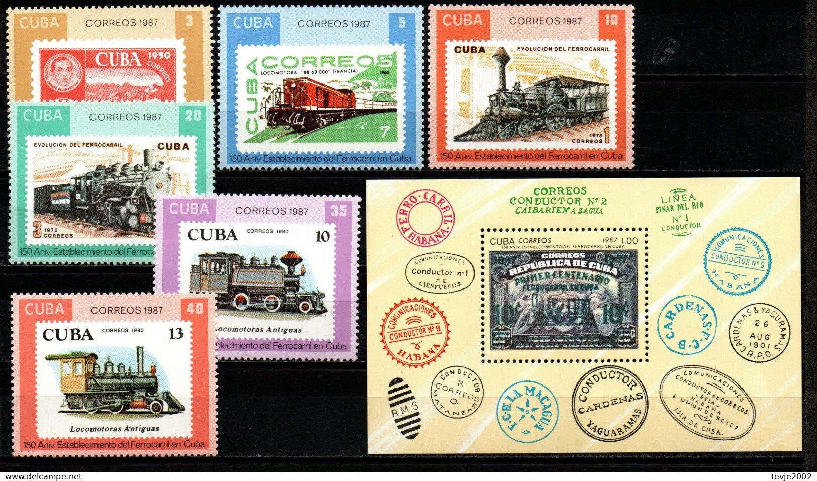 Kuba Cuba 1987 - Mi.Nr. 3142 - 3147 A + Block 103 - Postfrisch MNH - Eisenbahnen Railways - Trains