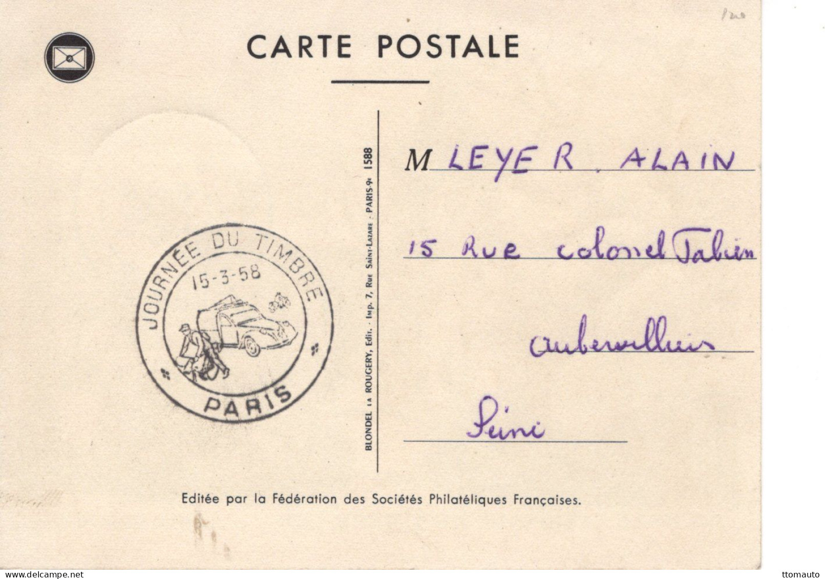 Journée Du Timbre 1958 - Citroen 2CV Fourgonnet - France Carte Maximum FDC - Prémier Jour - Voitures