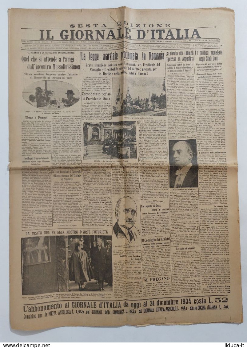 61703 Quotidiano - Il Giornale D'Italia 31/12/1933 Incontro Mussolini Simon - Autres & Non Classés