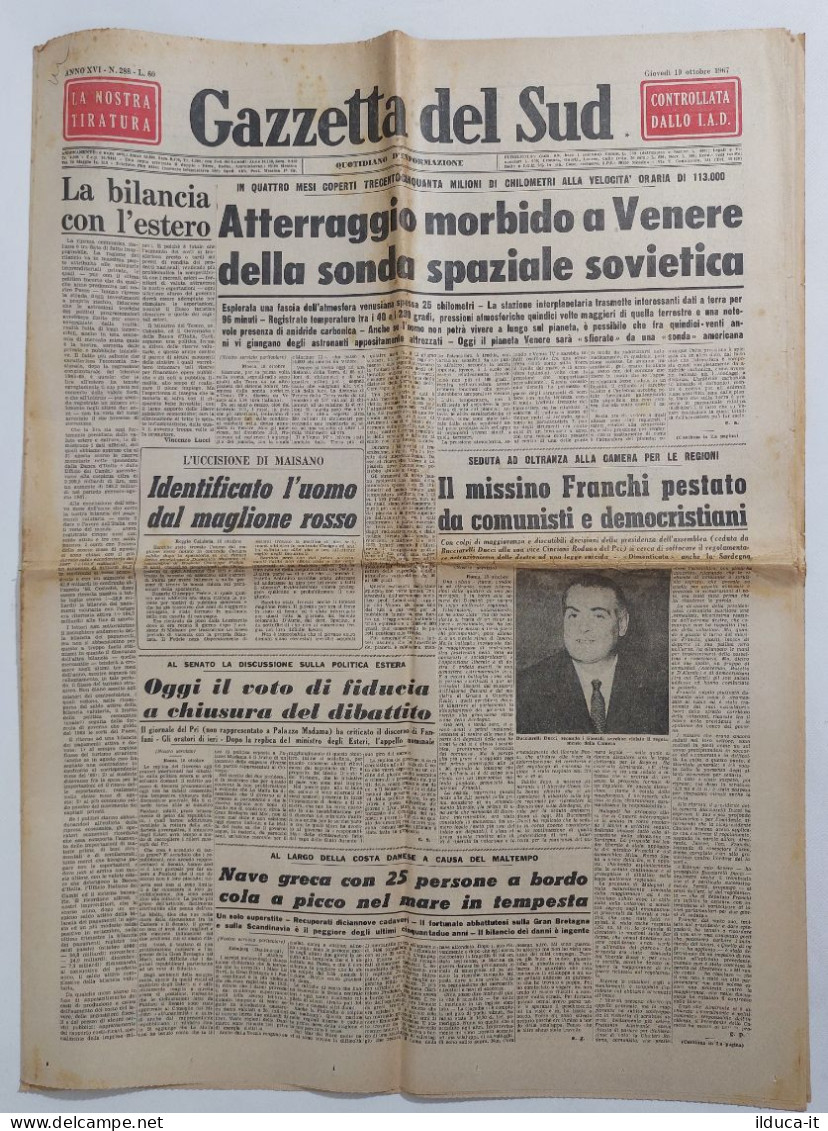 61710 Quotidiano - Gazzetta Del Sud 19/10/1967 Sonda Sovietica Atterra Su Venere - Other & Unclassified