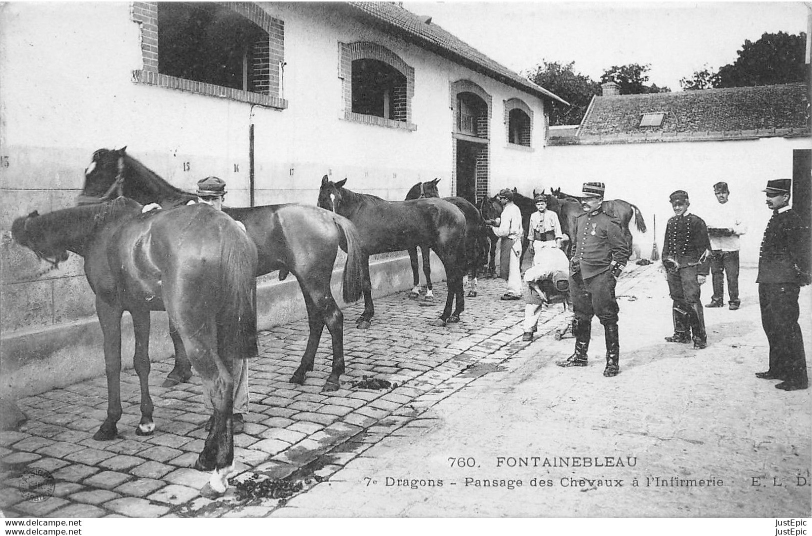 FONTAINEBLEAU (77)  7e Dragons - Pansage Des Chevaux à L'infirmerie # Militaria # Cpa éd. E.L.D - Fontainebleau