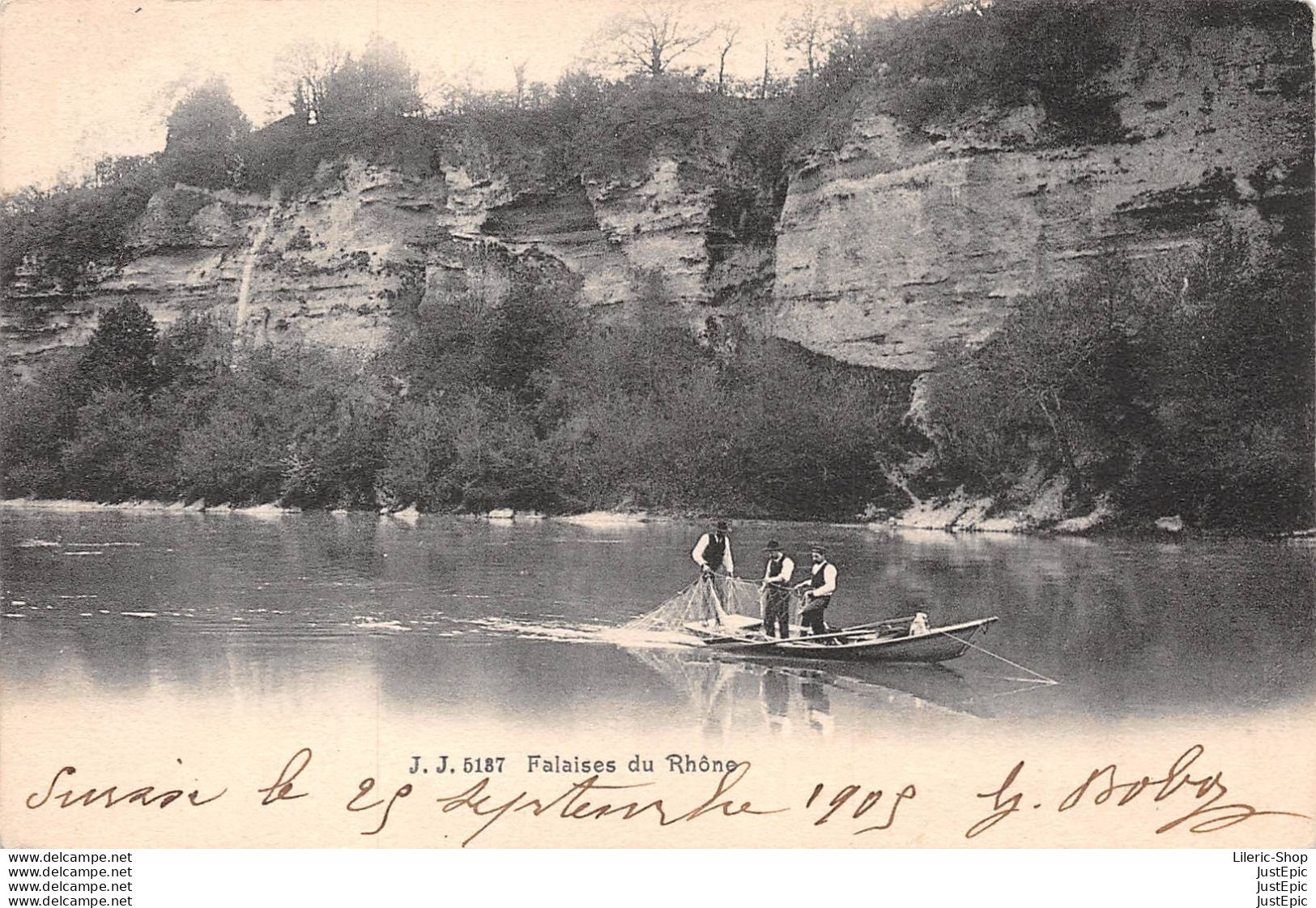 Suisse > GE Genève - Falaises Du Rhône - Barque Avec 3 Pêcheurs Relevant Un Filet - Genève