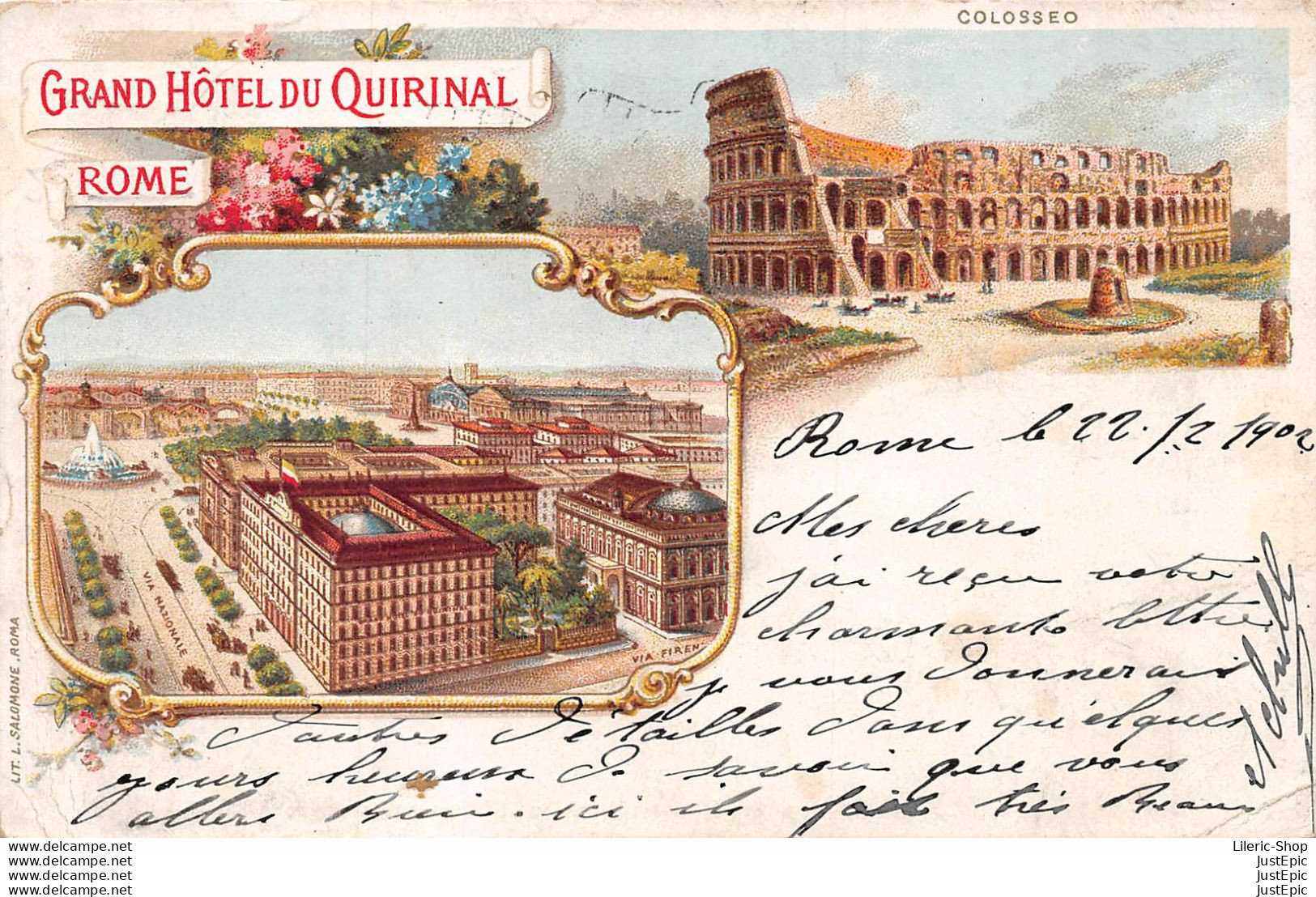 Cartolina: ROMA - GRAND HOTEL DU QUIRINAL - Anno 1902 - PRECURSORE - PUBBLICITARIA - LAZIO - ALBERGHI - Autres & Non Classés