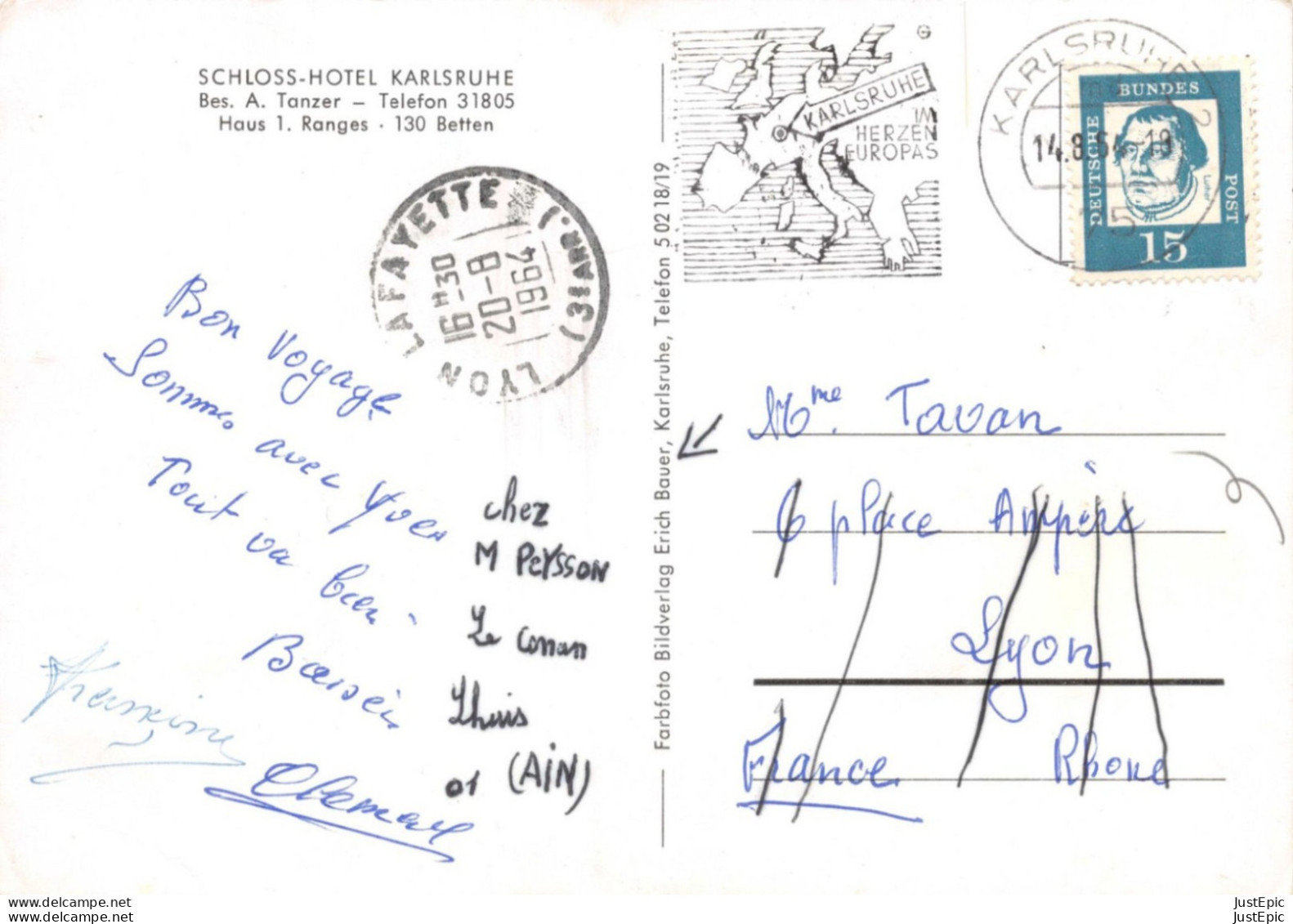 SCHLOSS-HOTEL KARLSRUHE Bes. A. Tanzer - WAGEN CAR AUTOMOBILES  CPSM 1964 - Karlsruhe