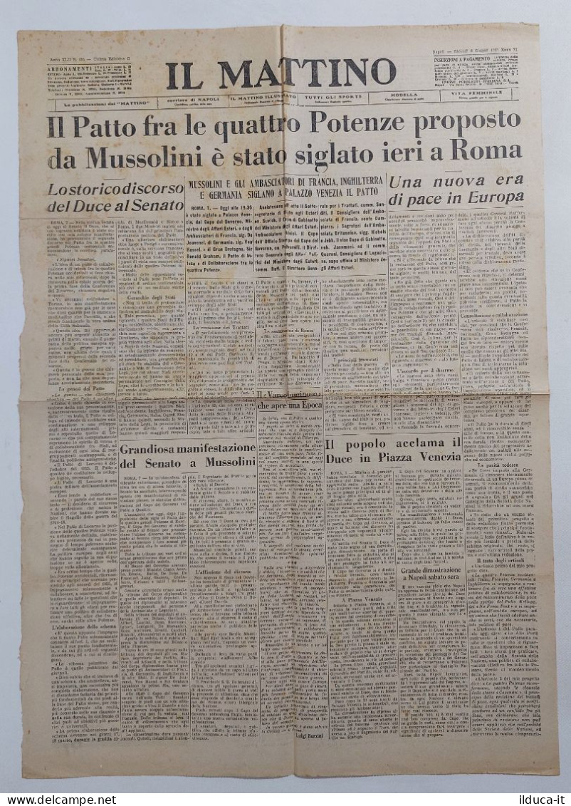 61712 Quotidiano - Il Mattino 8/6/1933 - Patto 4 Potenze Siglato A Roma - Sonstige & Ohne Zuordnung