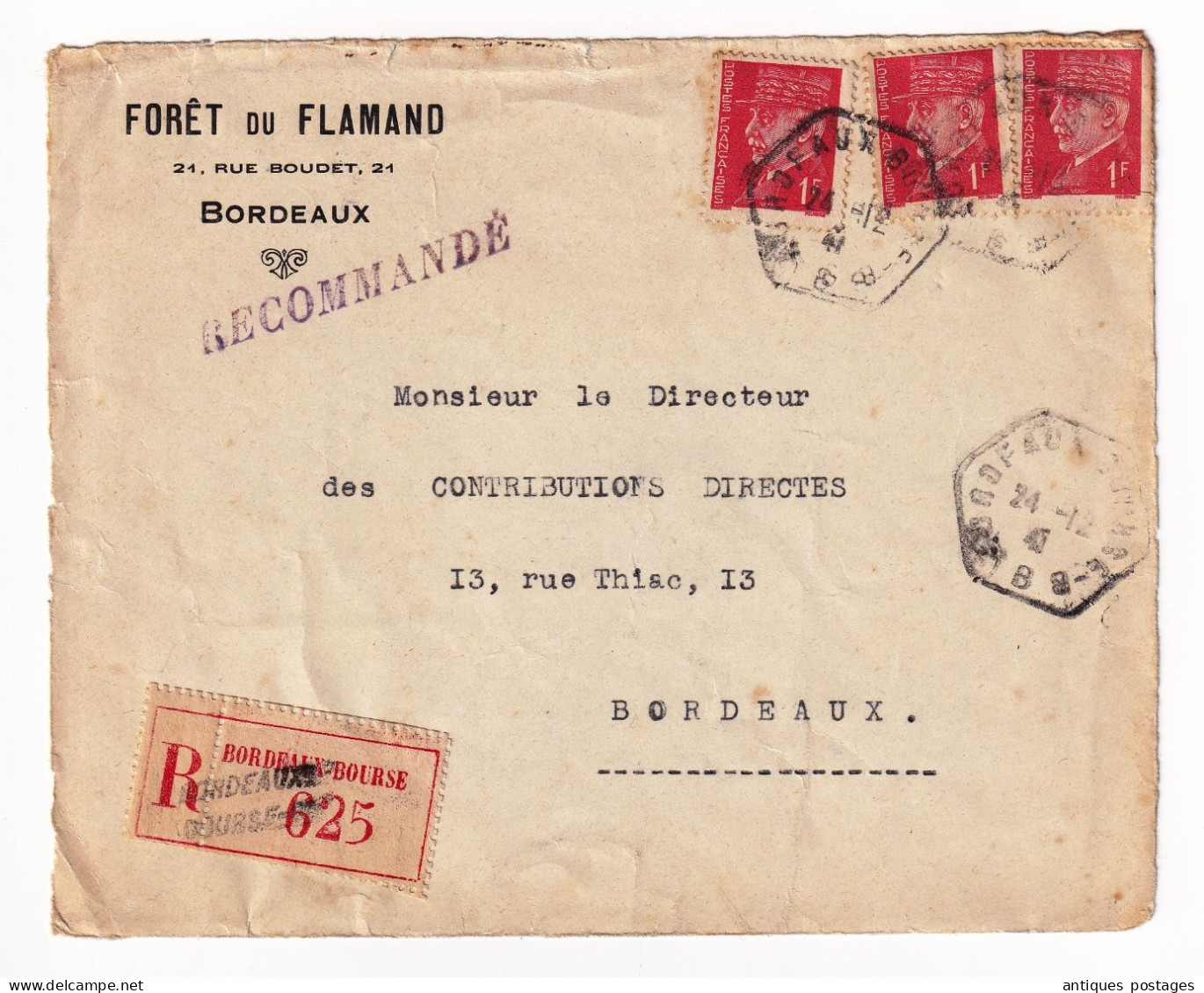 Lettre Recommandée 1941 Bordeaux Gironde Forêt Du Flamand Timbres Maréchal Pétain 1F - 1941-42 Pétain