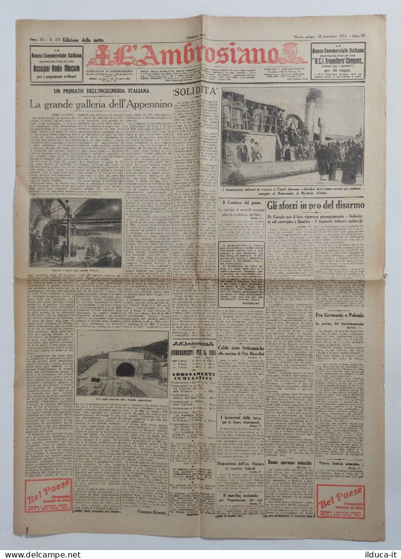 61716 Quotidiano - L'Ambrosiano 3/9/1933 - La Galleria Dell'Appennino - Disarmo - Other & Unclassified