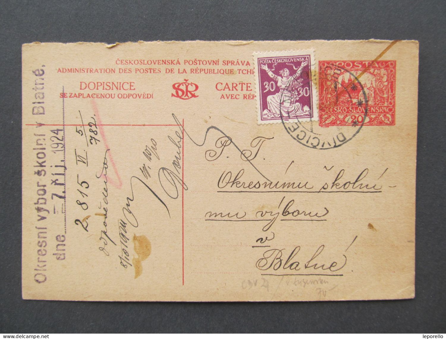 GANZSACHE Vlakovka Dívčice – Netolice Bahnpost Zugstempel Blatná 1924  // P9358 - Cartas & Documentos