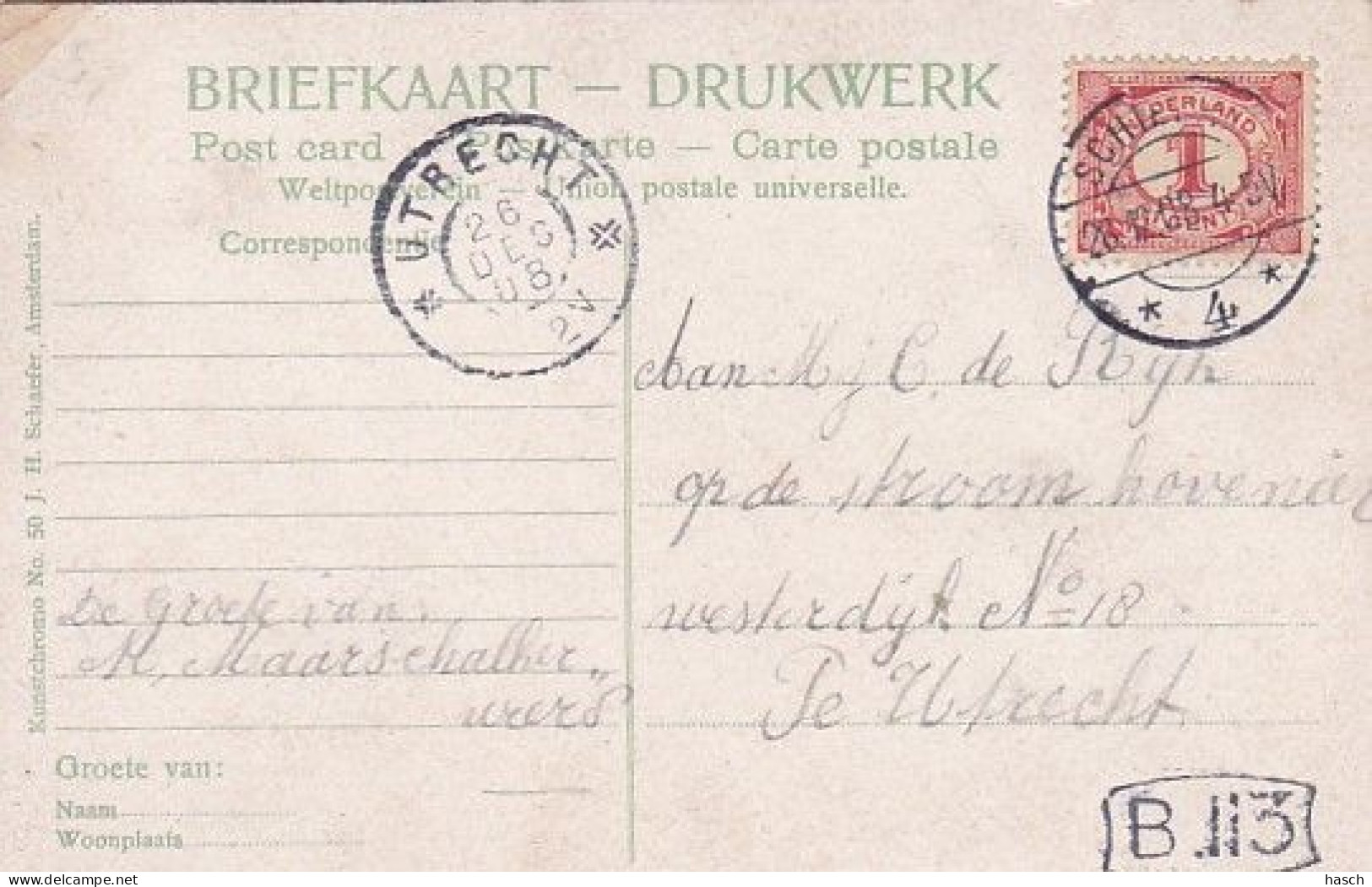 485220Schiedam, Lange Nieuwstraat. 1908. (plakker Rechtsboven)  - Schiedam