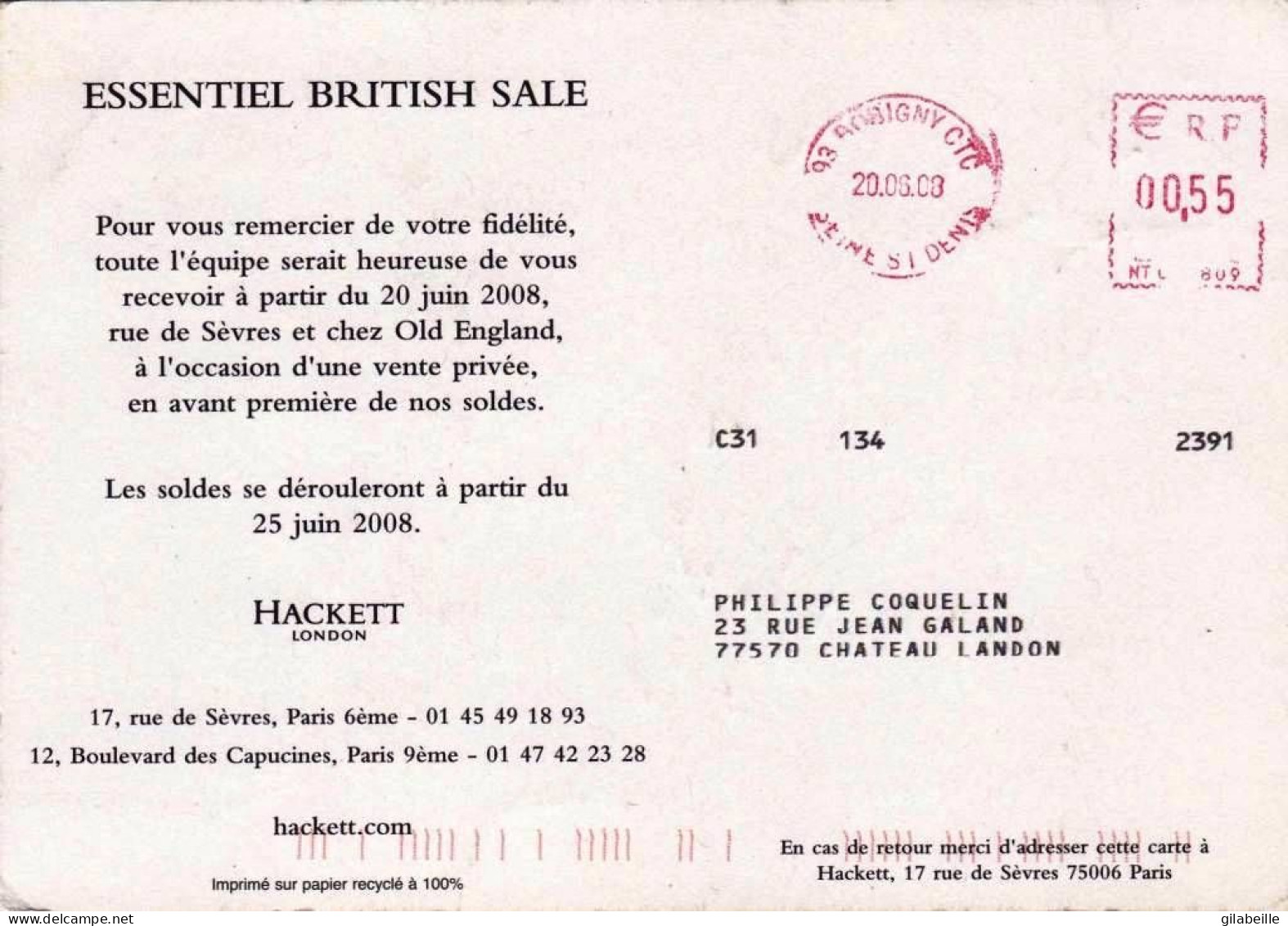 Carte PUBLICITE -  HACKETT - London - Avant Premiere Des Soldes 2008 - Rare - Publicité
