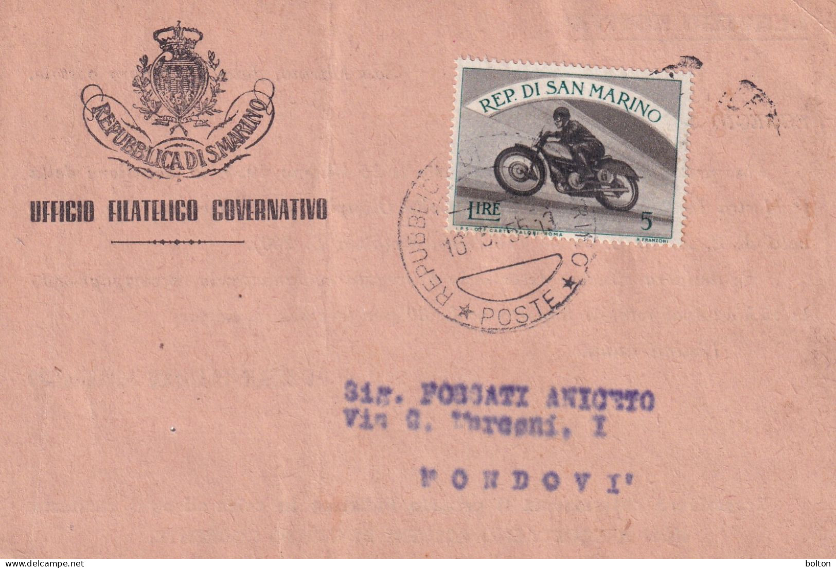 1955  San Marino  Cartolina Con FRANCOBOLLO MOTOCICLISTA - Moto