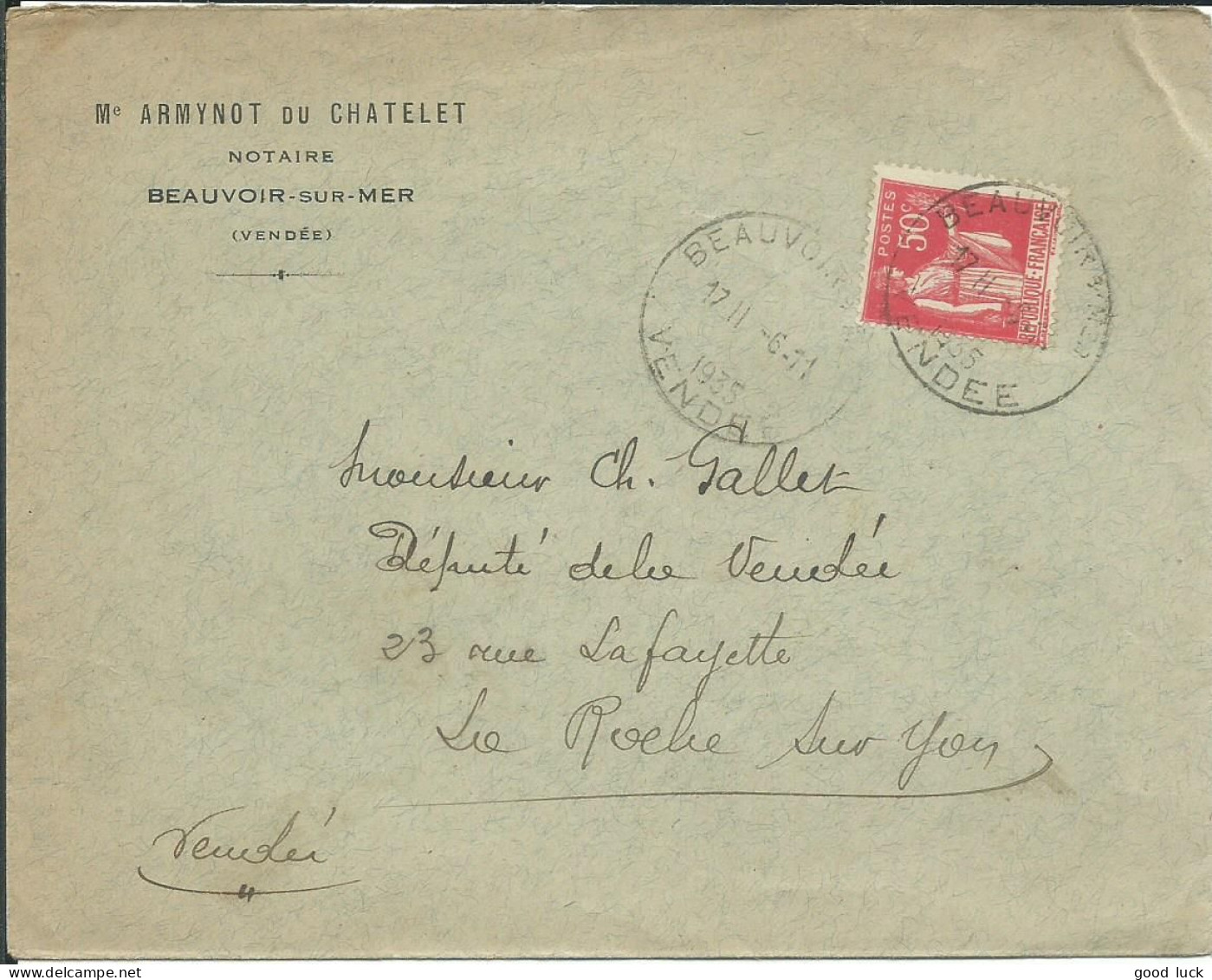 FRANCE LETTRE 50c  BEAUVOIR / MER  POUR LA ROCHE SUR YON ( VENDEE ) DE 1935 LETTRE COVER - 1921-1960: Période Moderne