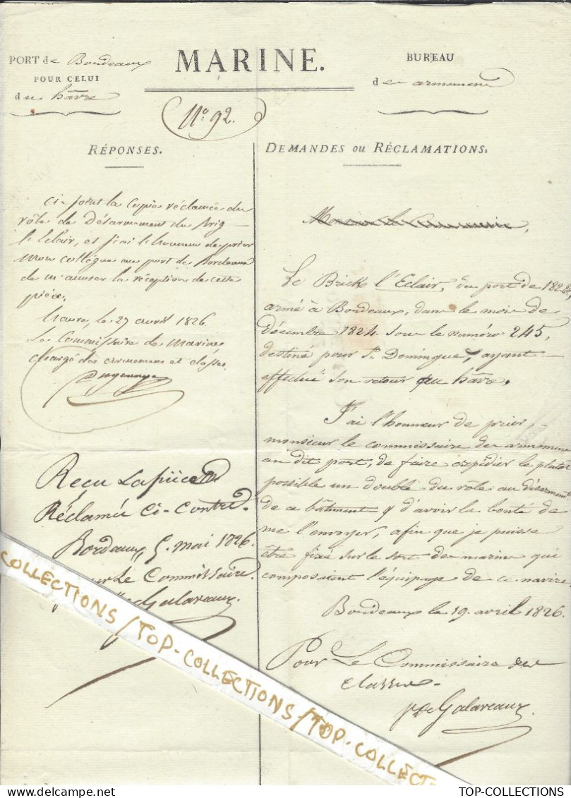 1826 TRAITE NEGRIERE PORT  BORDEAUX MARINE NAVIGATION COMMISSAIRE DES CLASSES  ARMEMENTS Brick L’Eclair => St Domingue - 1800 – 1899