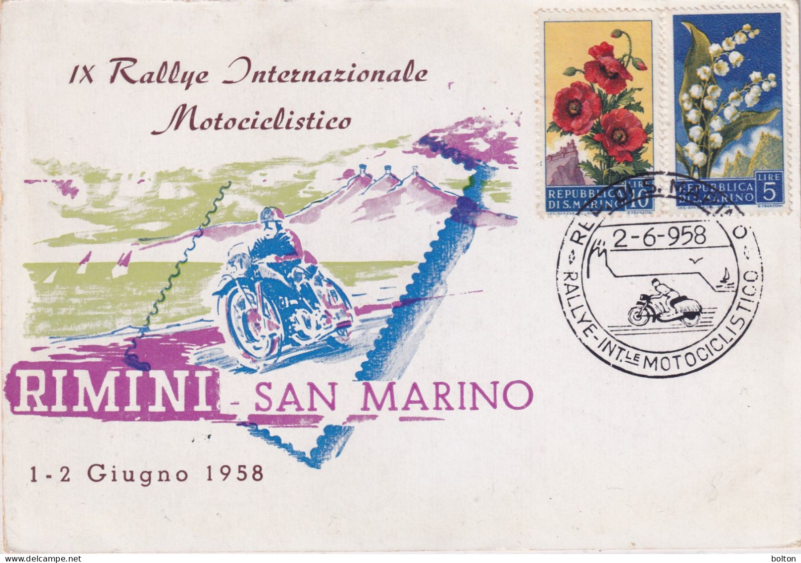 1958  San Marino  Cartolina Con ANNULLO SPECIALE FIGURATO RALLY INT. MOTOCICLISTICO - Moto
