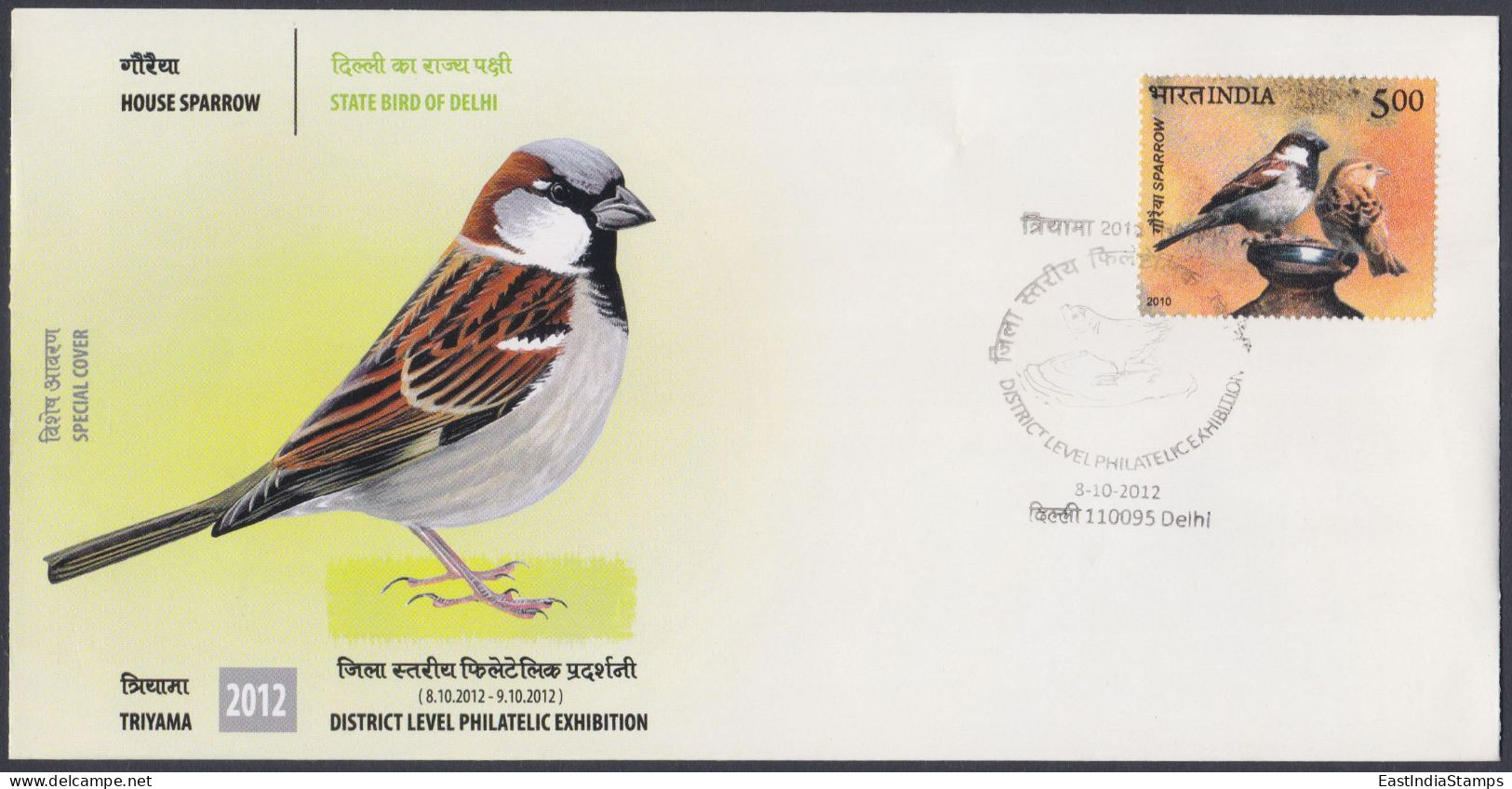 Inde India 2012 Special Cover House Sparrow, Bird, Birds, Pictorial Postmark - Lettres & Documents