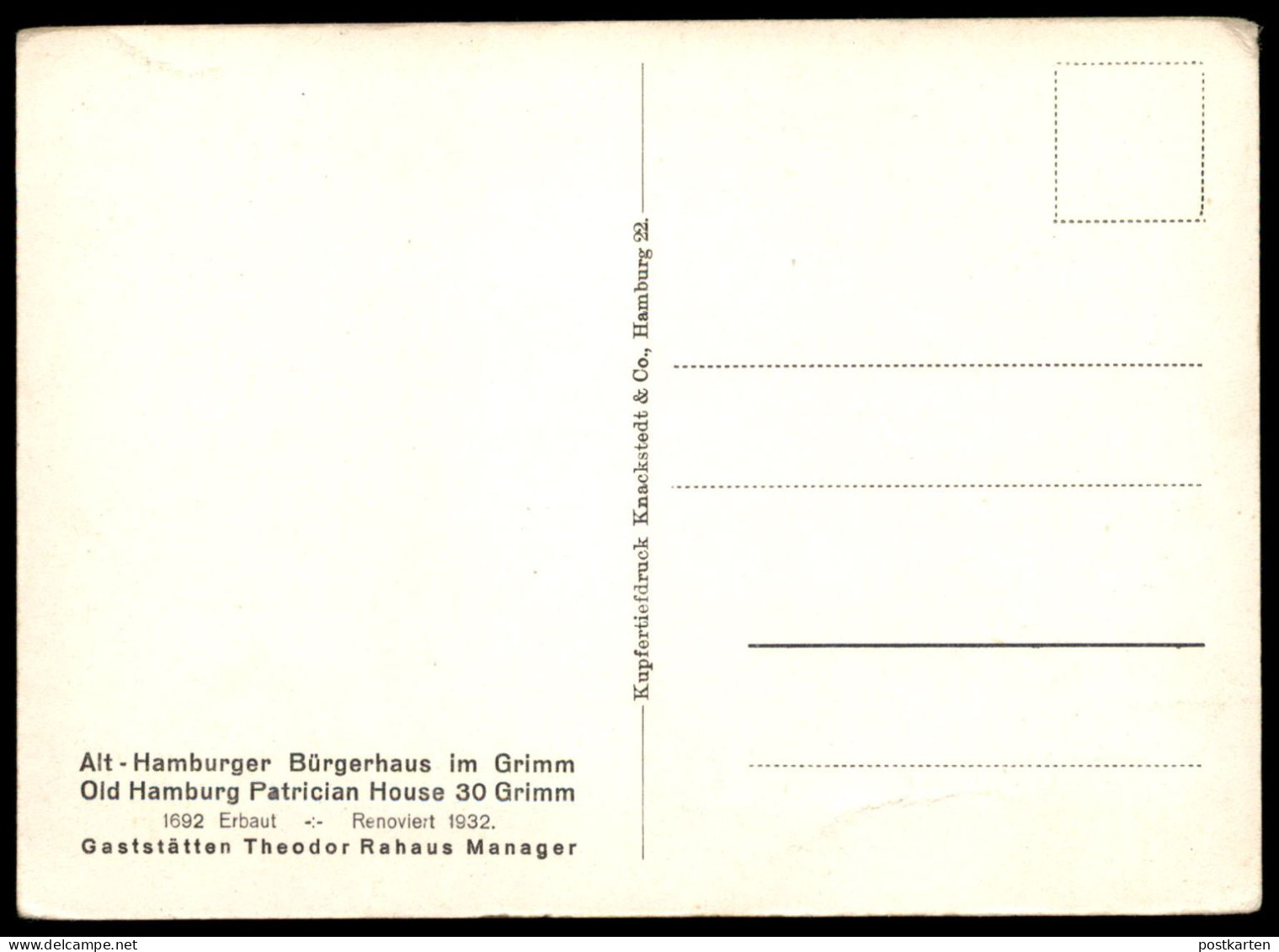 ALTE POSTKARTE HAMBURG ALT-HAMBURGER BÜRGERHAUS IM GRIMM DIE PRÄCHTIGE KAUFMANNSDIELE 1692 Ansichtskarte AK Cpa Postcard - Mitte