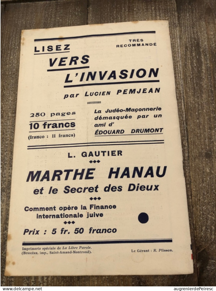 Livret Antisemite La Libre Parole De 1934 - Andere & Zonder Classificatie