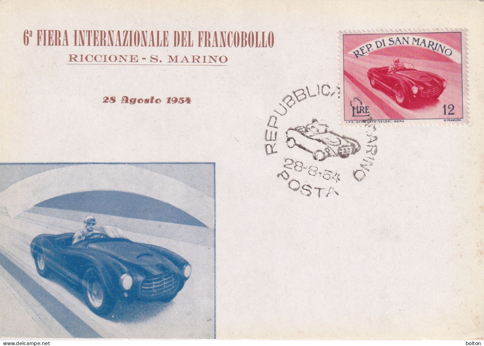 1954  San Marino  Cartolina Con ANNULLO SPECIALE FIGURAT E FRANCOBOLLO  AUTOMOBILE FERRARI - Automobile