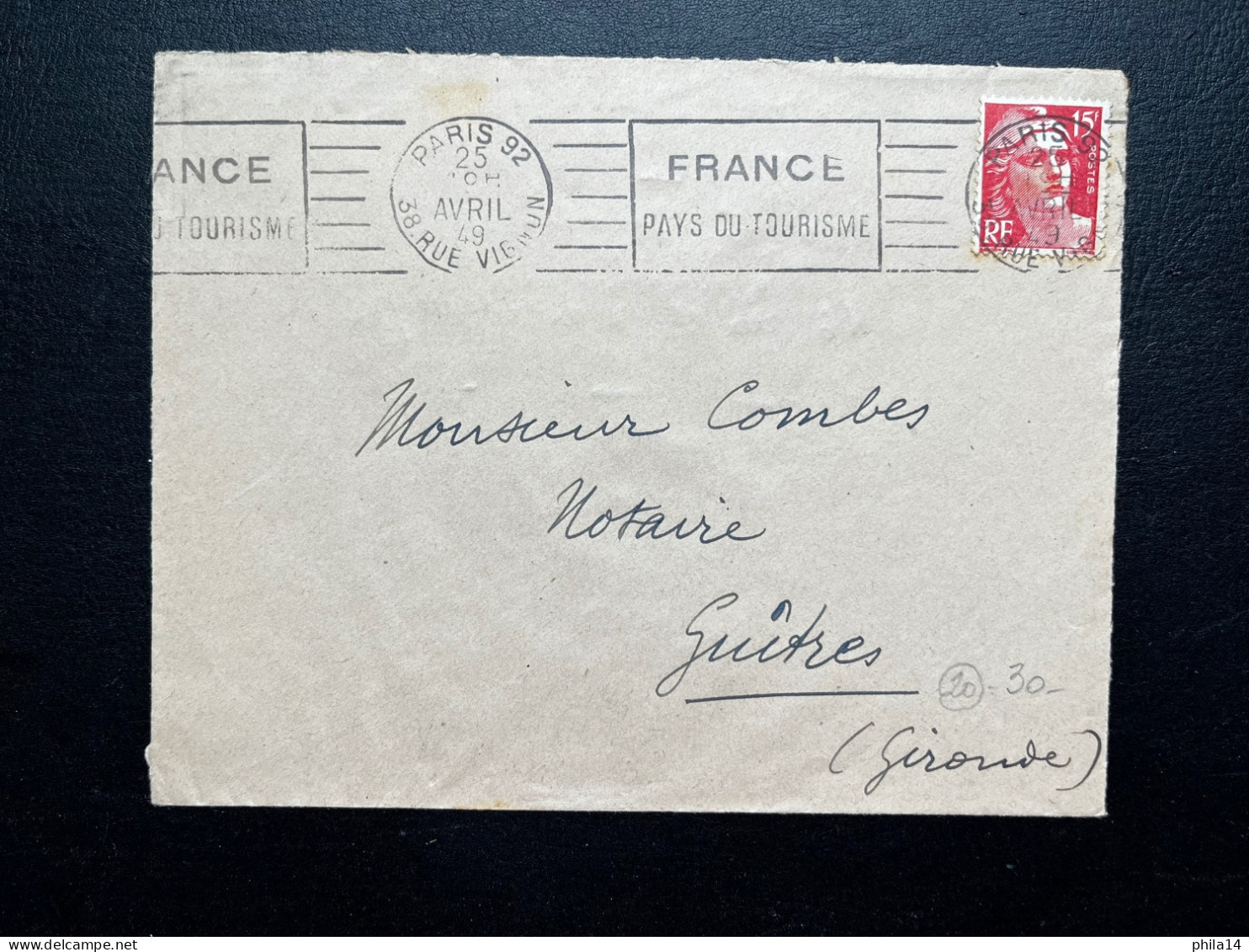 15f MARIANNE DE GANDON SUR ENVELOPPE / PARIS 92 38 R.VIGNON  / 1949 / FRANCE PAYS DU TOURISME - 1921-1960: Période Moderne