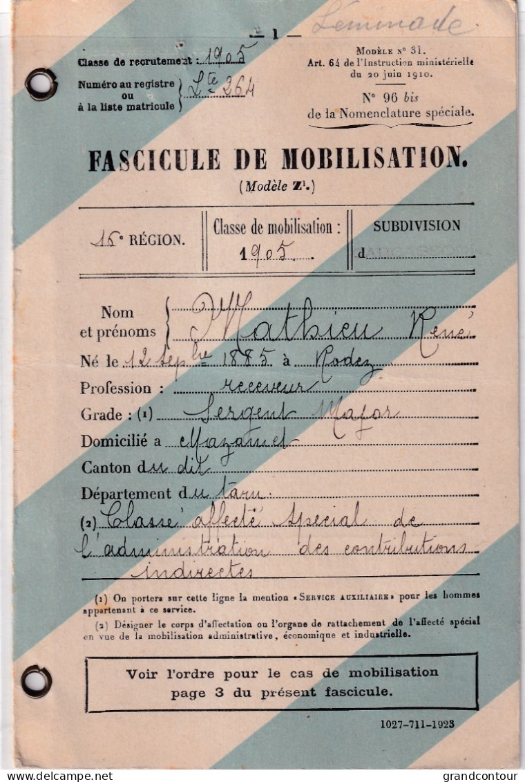 FASCICULE DE MOBILISATION  MATHIEU RENE  NE LE 12 09 1885 A RODEZ - Autres & Non Classés